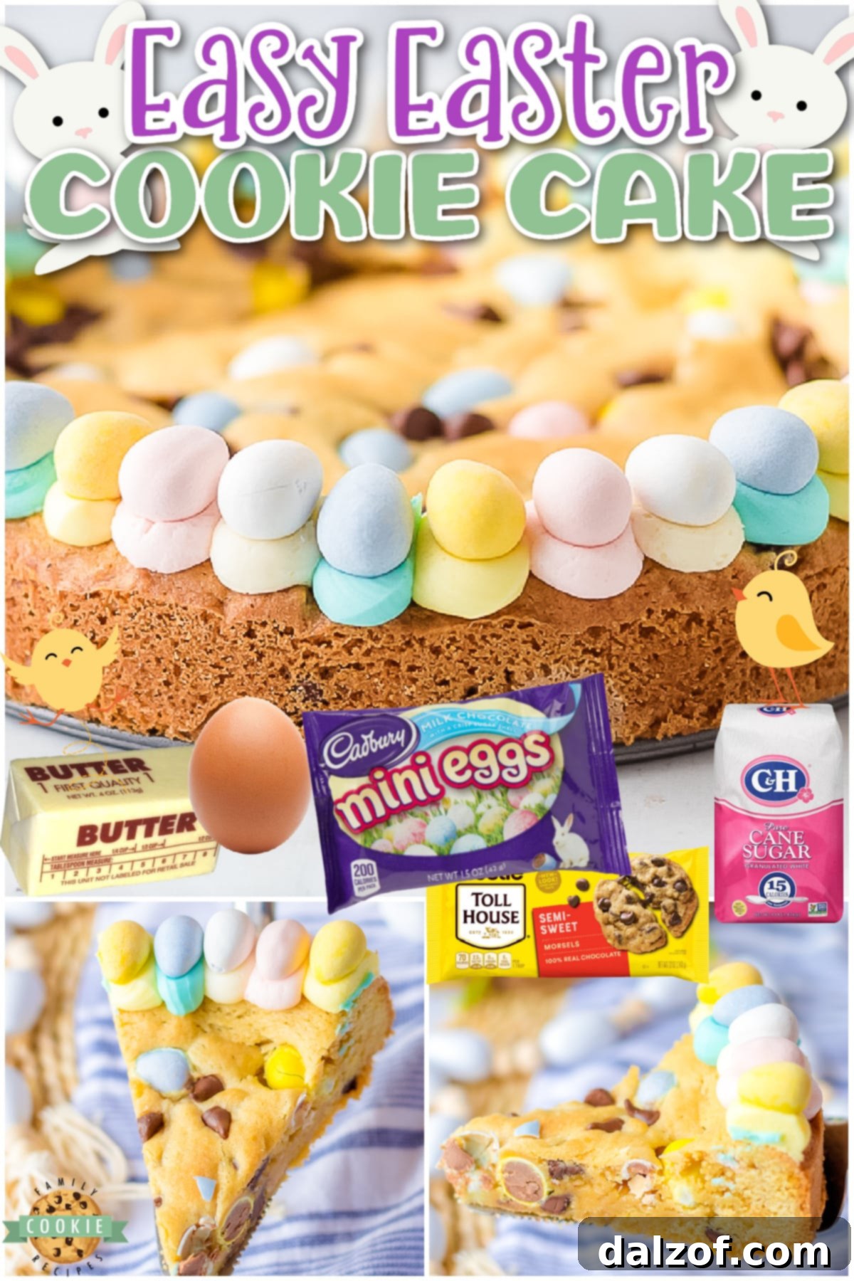 A festive Easter Cookie Cake that’s soft, wonderfully chewy, and generously studded with both chocolate chips and colorful chocolate Easter eggs. The edges are beautifully decorated with a thick buttercream frosting and more chocolate eggs, making it a delicious and perfect treat for any Easter celebration.