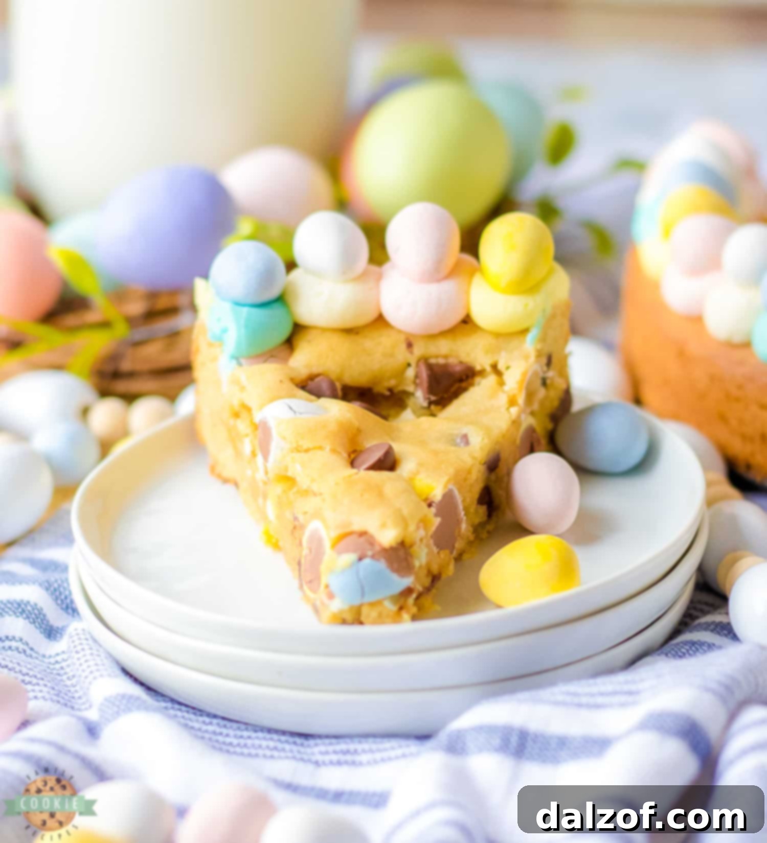 A beautifully textured Easter chocolate chip cookie cake, showcasing its perfect bake and inviting surface, waiting for decoration.