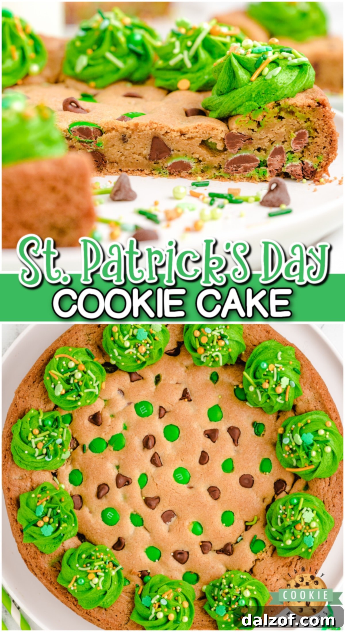 Festive St. Patrick's Day Cookie Cake that's soft, chewy & studded with chocolate chips & green M&M's! Green buttercream frosting rings the edges of this delicious cookies that's perfect for all your little leprechauns! 