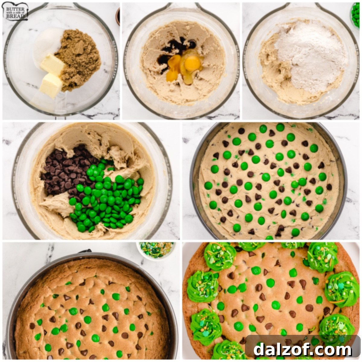 A visual collage showing the steps to make a St. Patrick's Day cookie cake