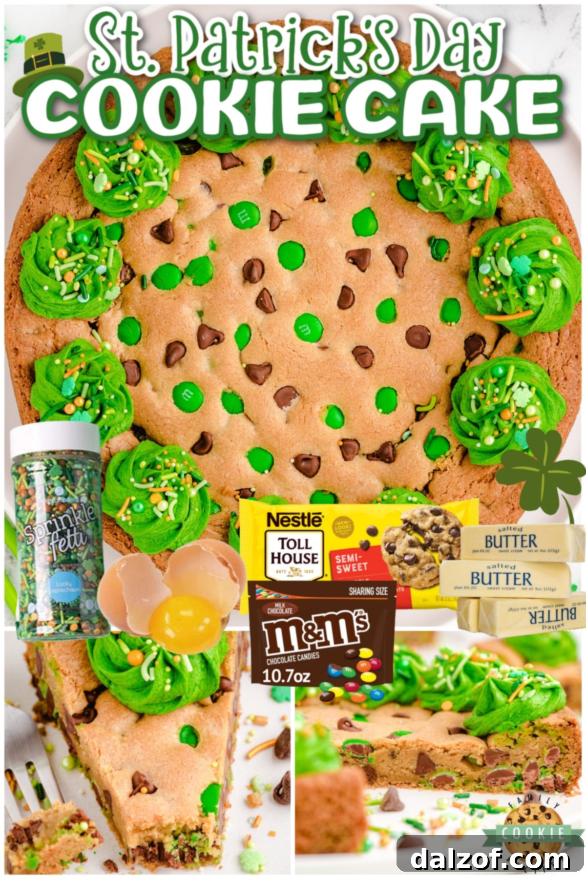 A collage of photos showing the delicious details of a St. Patrick's Day cookie cake, perfect for leprechauns