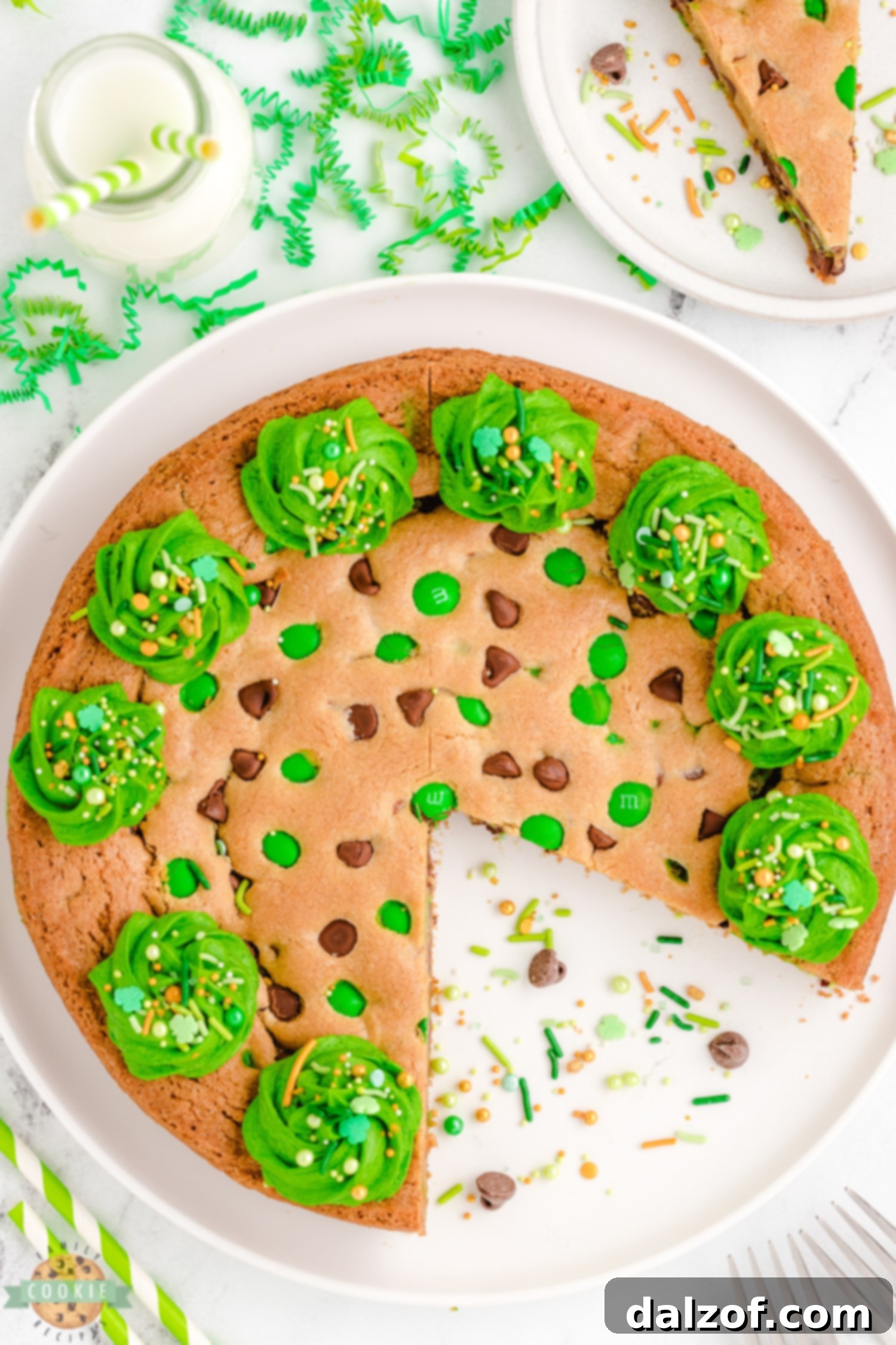 A beautifully frosted green St. Patrick's Day cookie cake