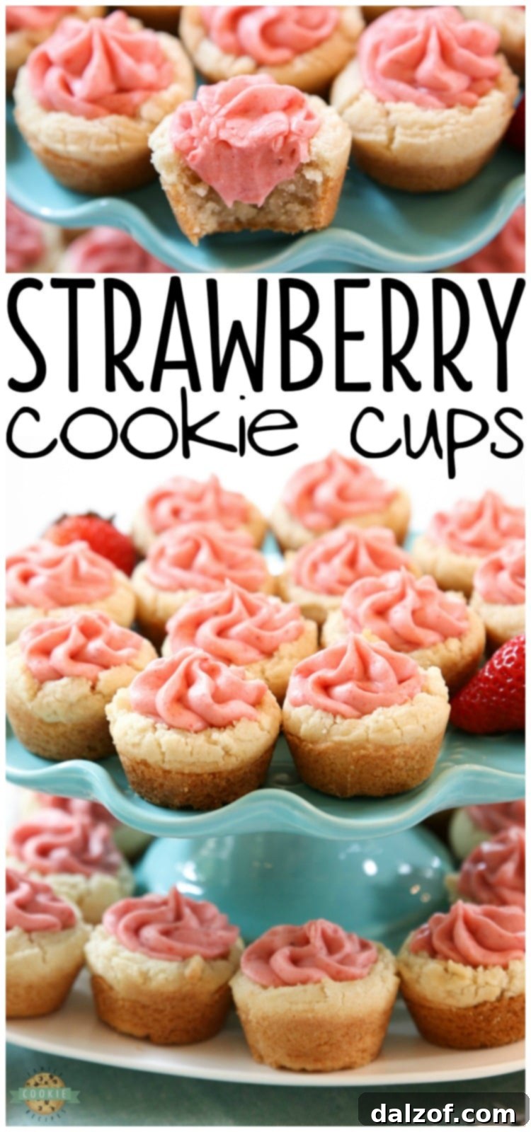 Strawberry Cookie Cups are bite-sized treats made with the best buttercream strawberry frosting ever. Made with fresh strawberries, there just aren't better strawberry cookies than these! #strawberry #strawberrycookies #cookiecups #strawberryfrosting #buttercreamfrosting #freshstrawberries #strawberrybuttercreamfrosting #strawberrycookiecups #recipefrom Butter With a Side of Bread