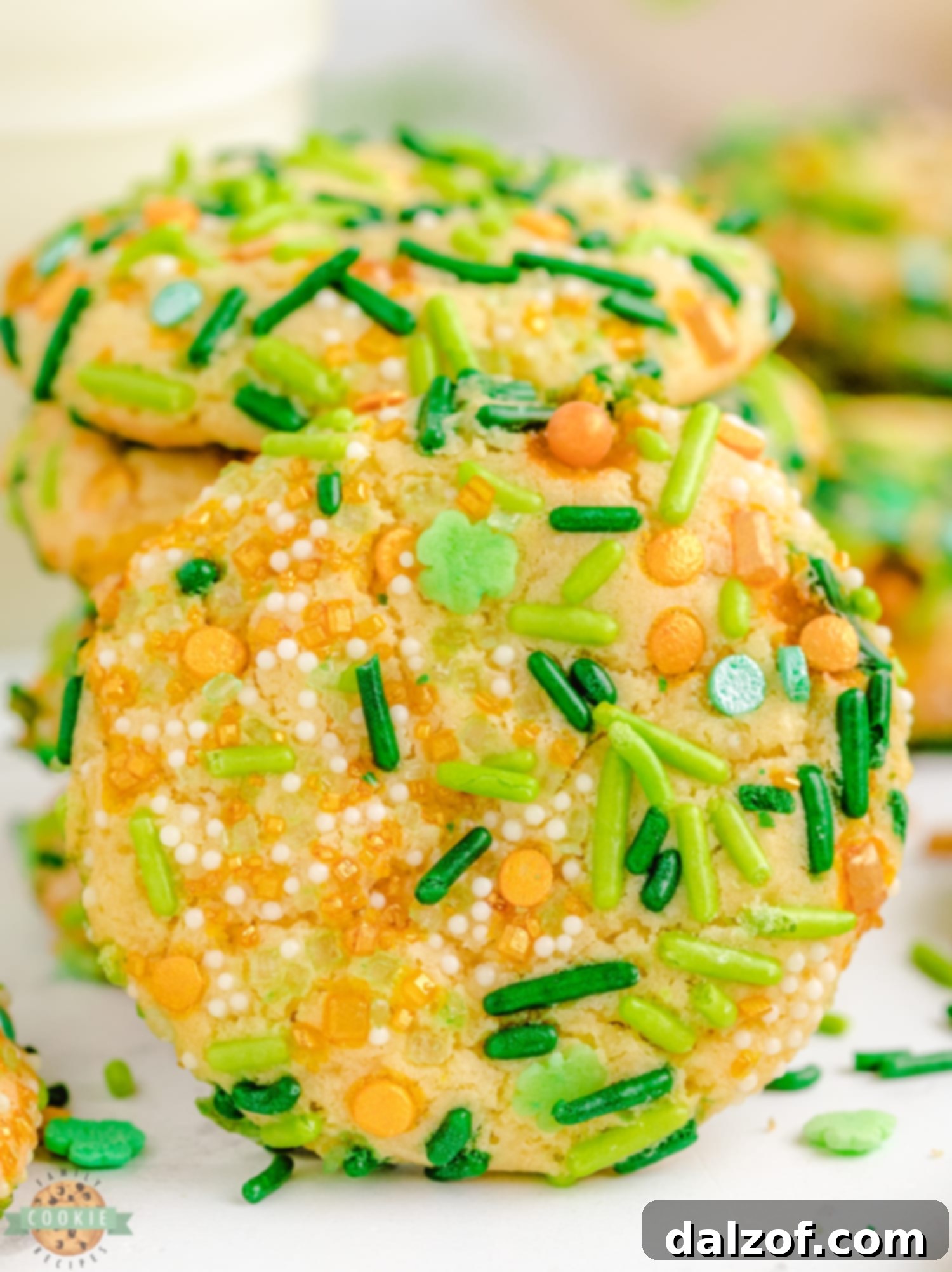 St. Patrick's Day sprinkle cookies with green and gold sprinkles arranged on a festive plate.
