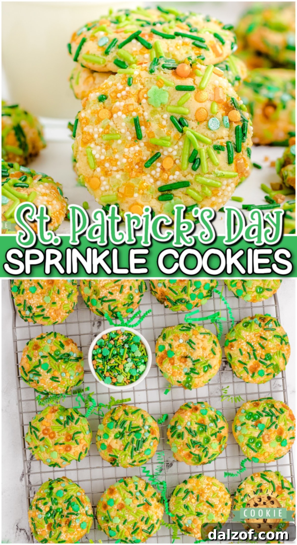 Soft & chewy St. Patrick's Day Sprinkle Cookies made fun & festive with plenty of green! Vanilla pudding cookies rolled in colorful sprinkles, perfect for parties!