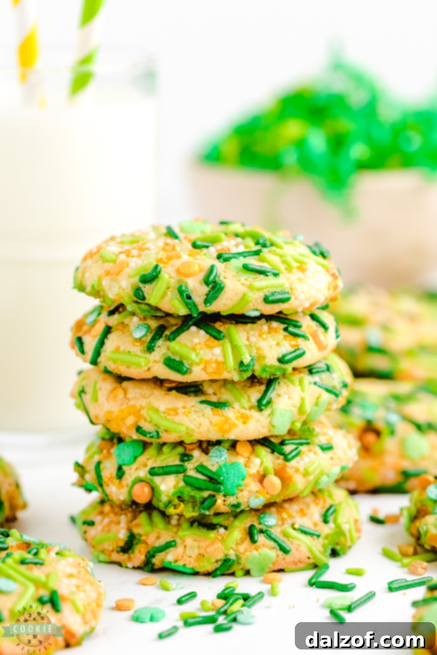 Stack of soft green sprinkle cookies ready for St. Patrick's Day celebrations.