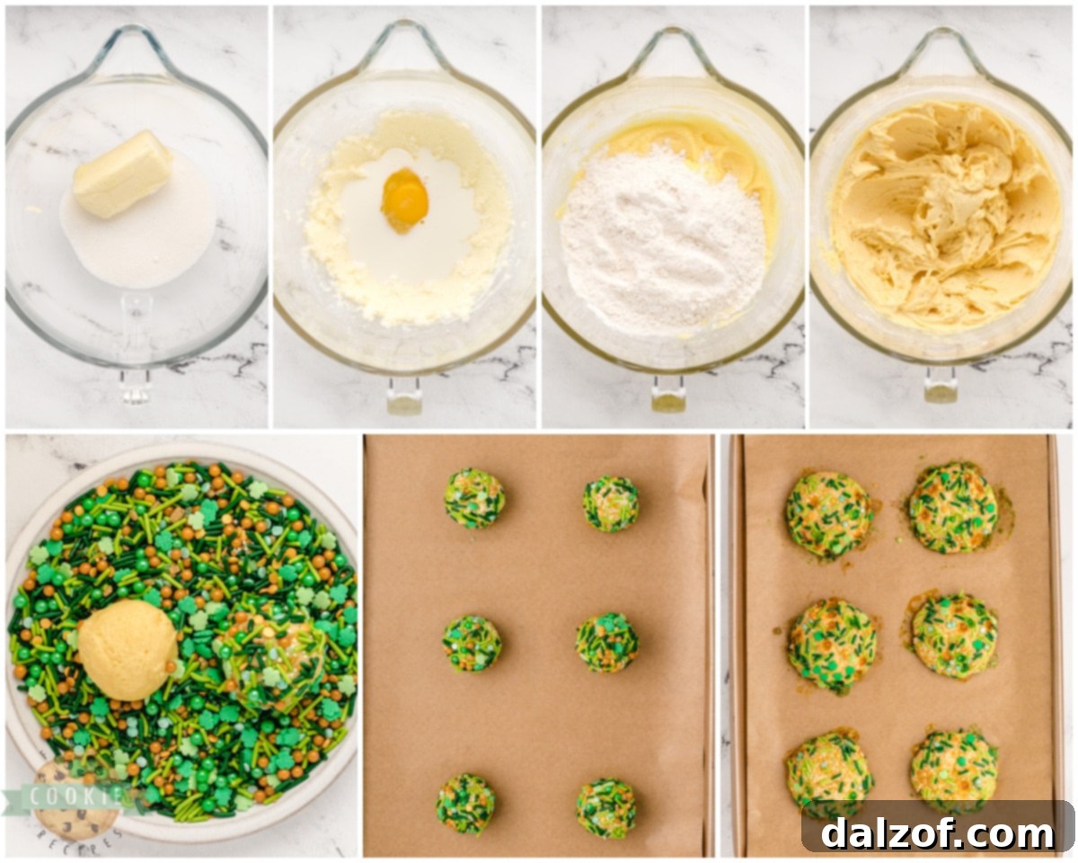 Step-by-step image of how to make St. Patrick's Day sprinkle cookies.