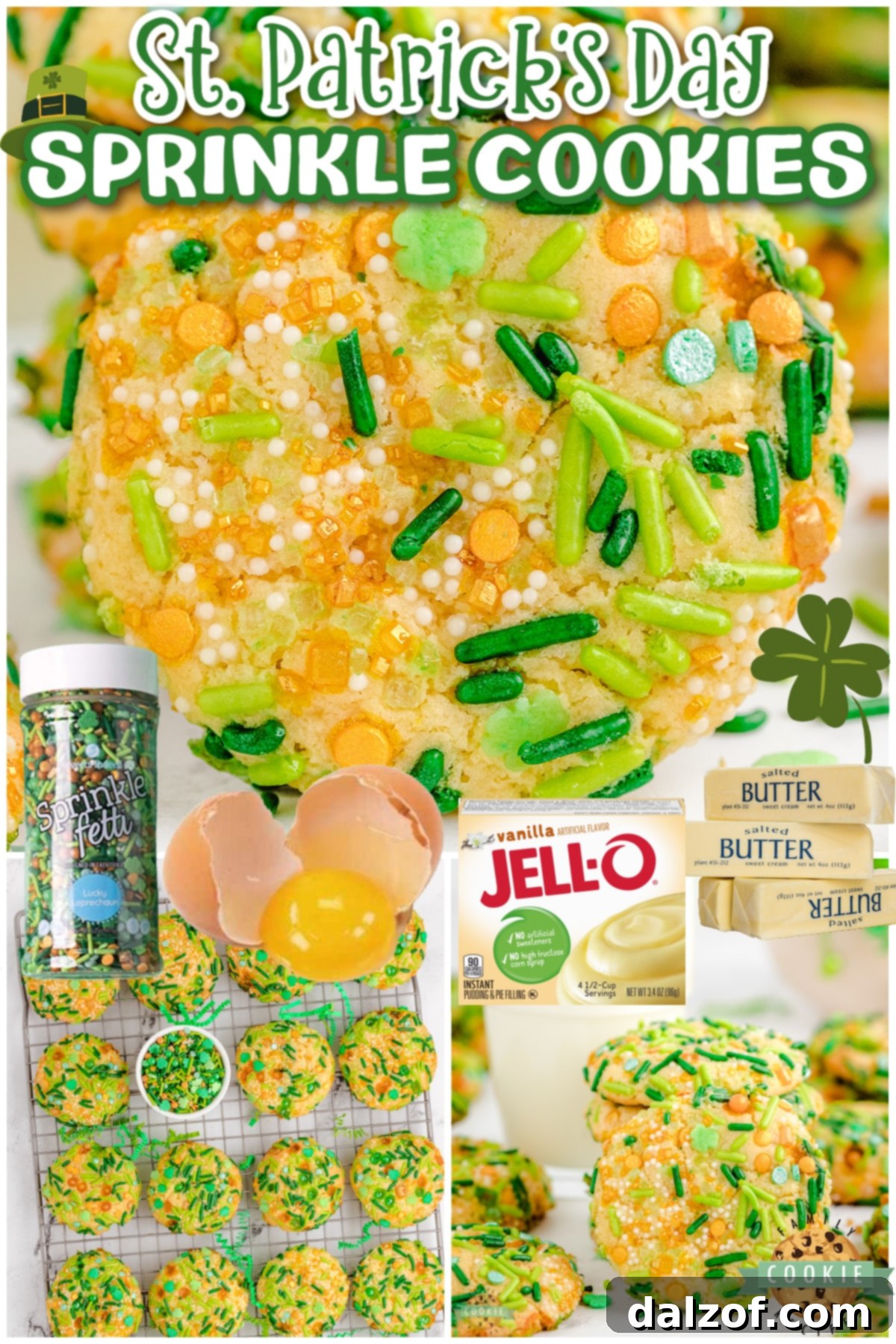 Soft & chewy St. Patrick's Day Sprinkle Cookies made fun & festive with plenty of green! Vanilla pudding cookies rolled in colorful sprinkles, perfect for parties!