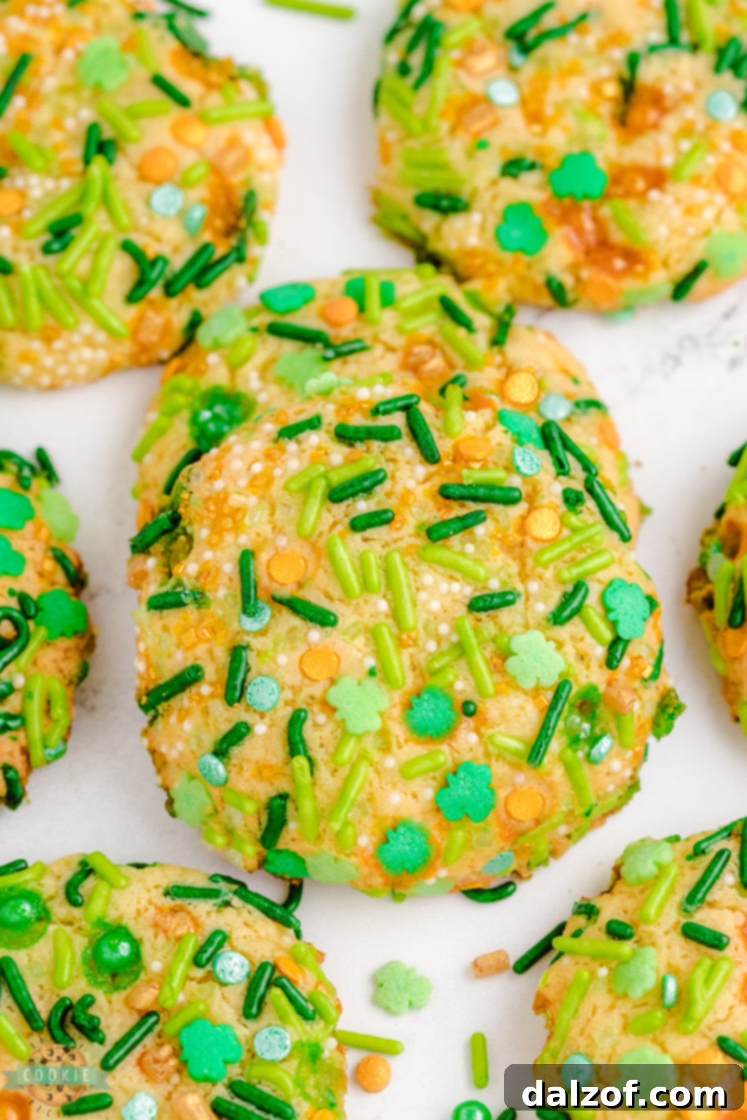 Green sprinkle cookies perfect for St. Patrick's Day celebrations, arranged neatly.