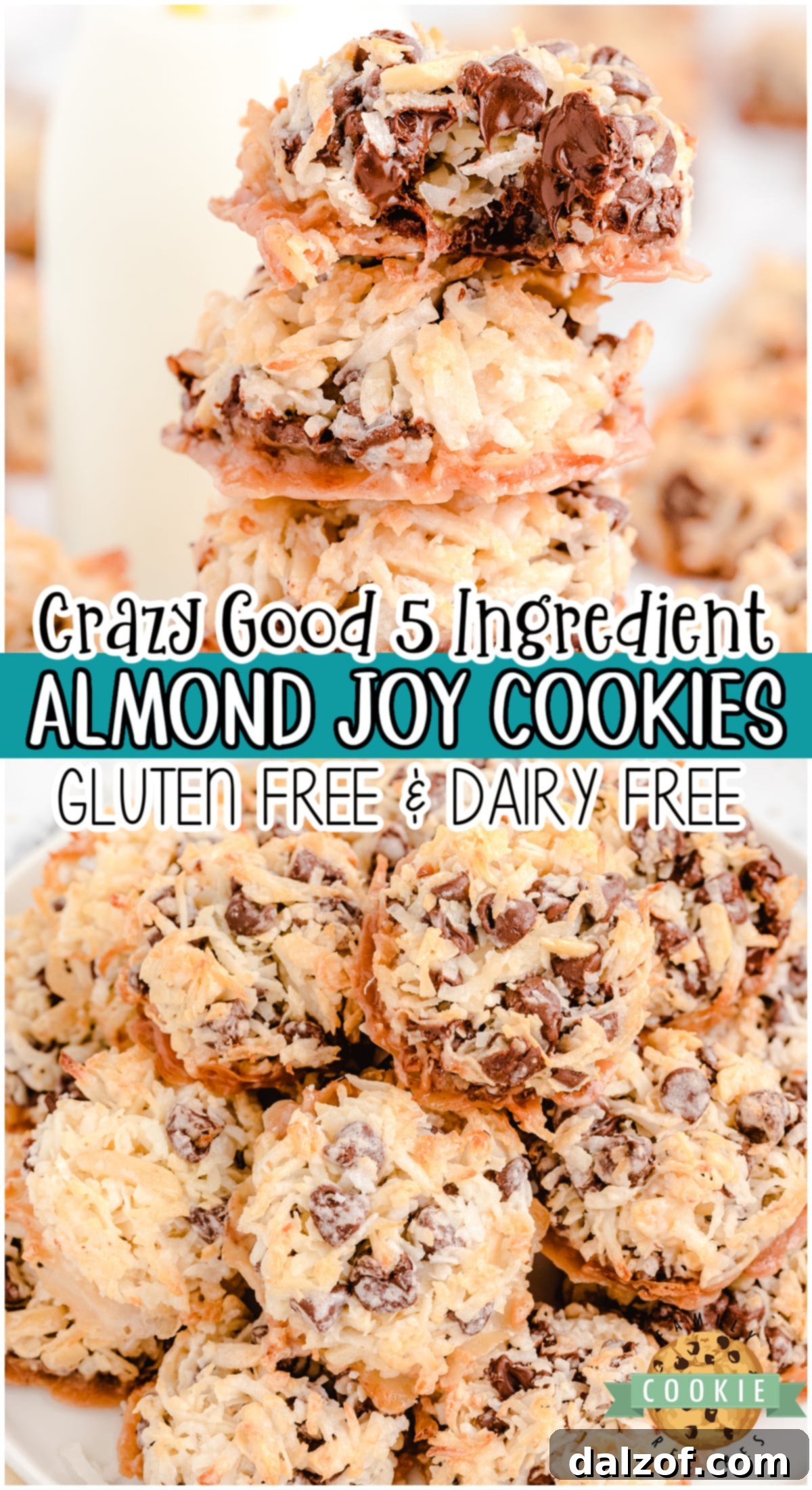Easy 5 ingredient Almond Joy Cookies are dairy-free and eggless! Simple chocolate coconut cookies made in minutes, with common ingredients, that everyone goes crazy over!
