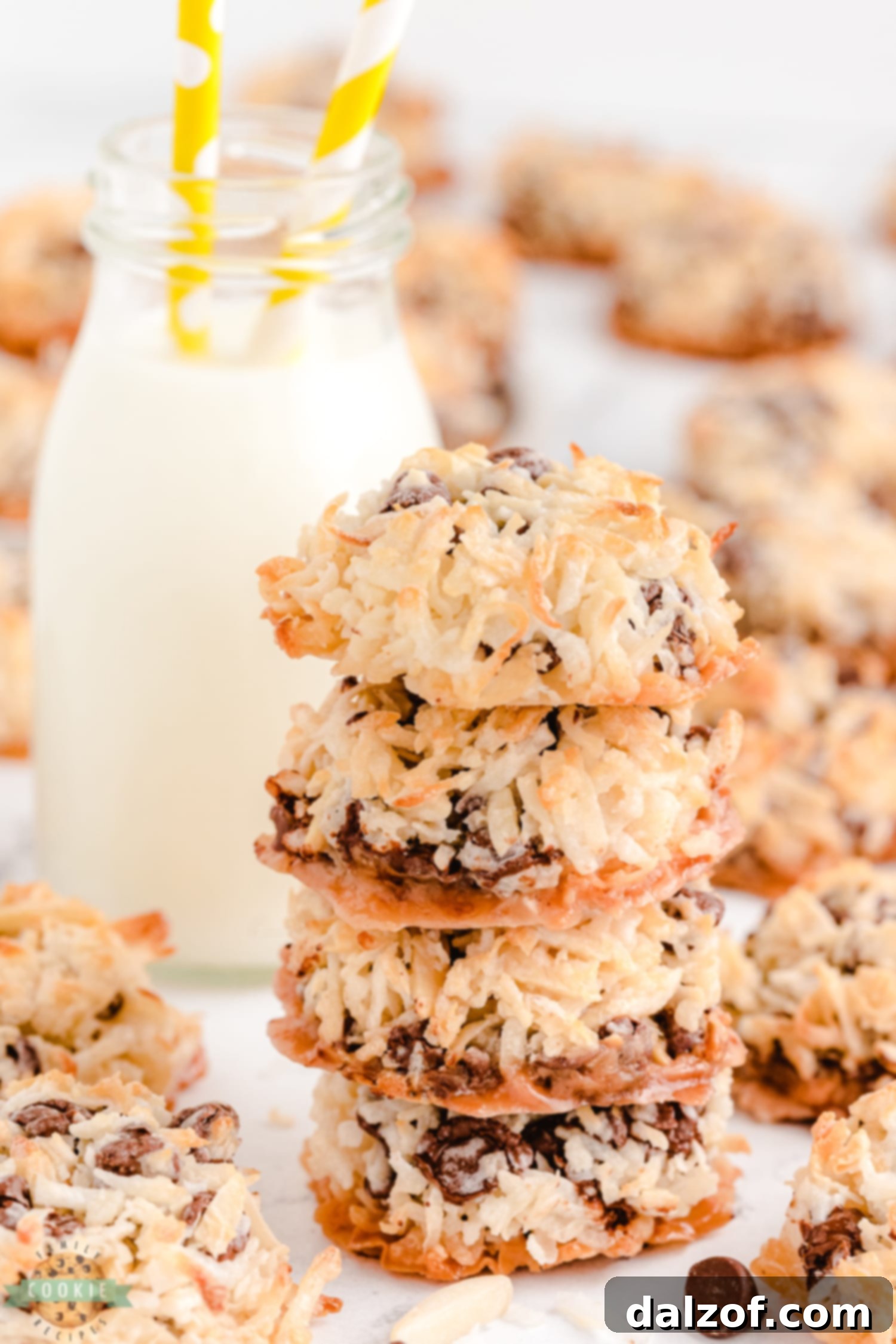 Stack of dairy-free Almond Joy cookies on a wire rack