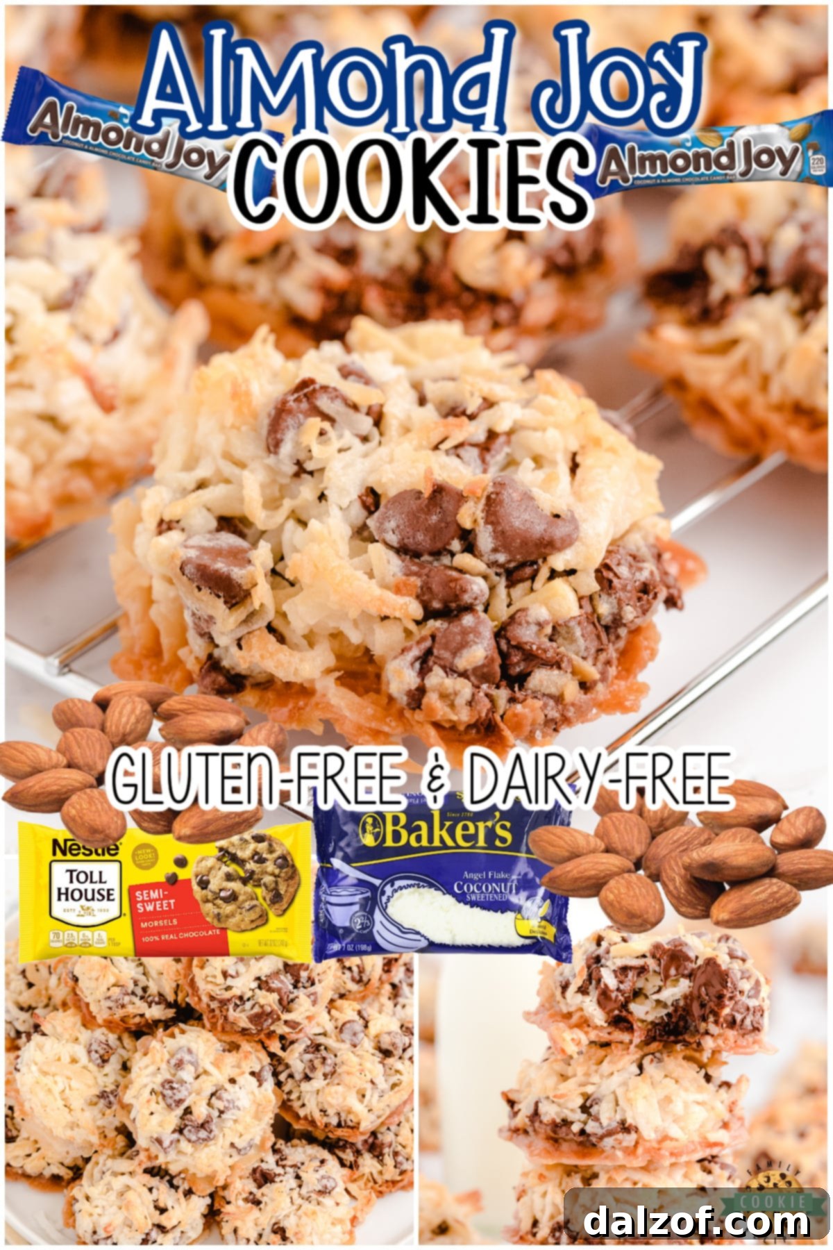 Easy 5 ingredient Almond Joy Cookies are dairy-free and eggless! Simple chocolate coconut cookies made in minutes, with common ingredients, that everyone goes crazy over!