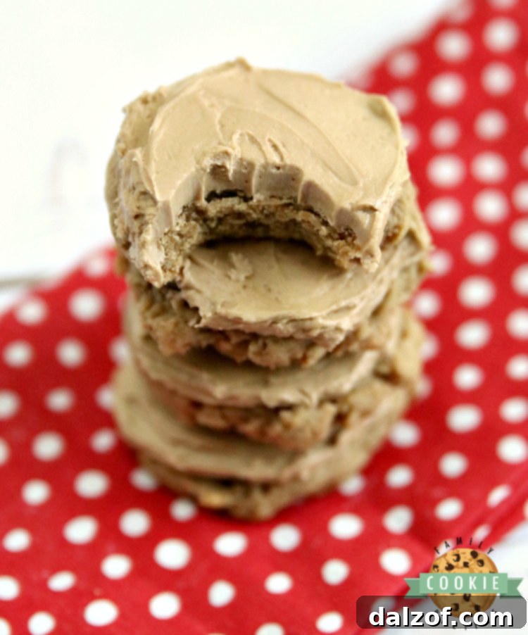 Soft and delicious Root Beer Cookies with root beer extract in the cookies and the buttercream frosting on top, showcasing their appealing texture.