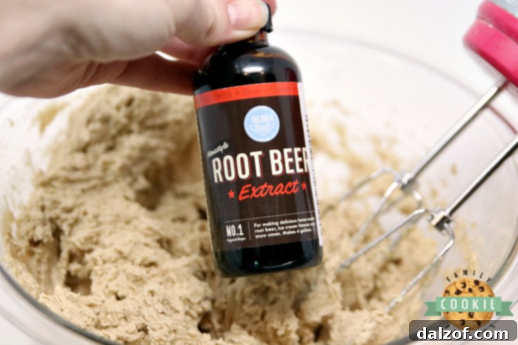 Root beer extract is a key ingredient, infused directly into the cookies for their unique flavor.
