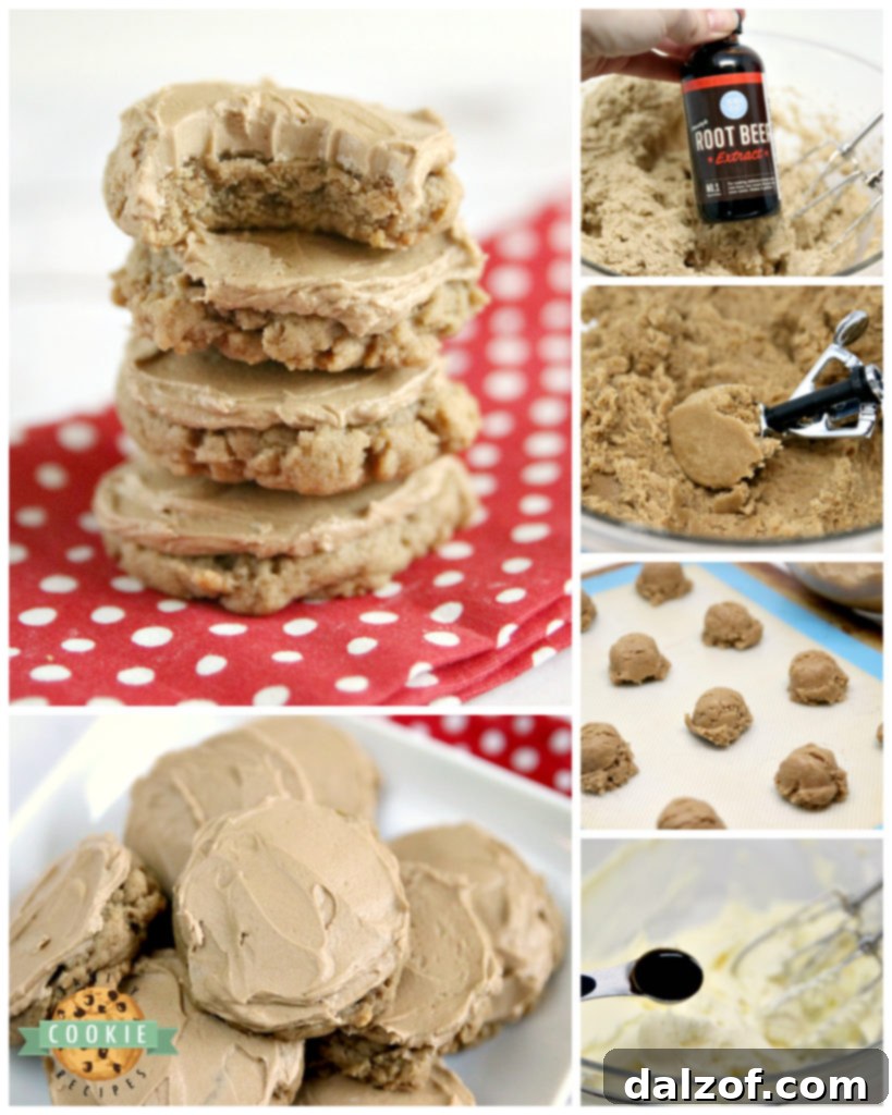 Root Beer Cookies are soft and delicious with root beer extract in the cookies and the buttercream frosting on top, showcasing a perfect bake.