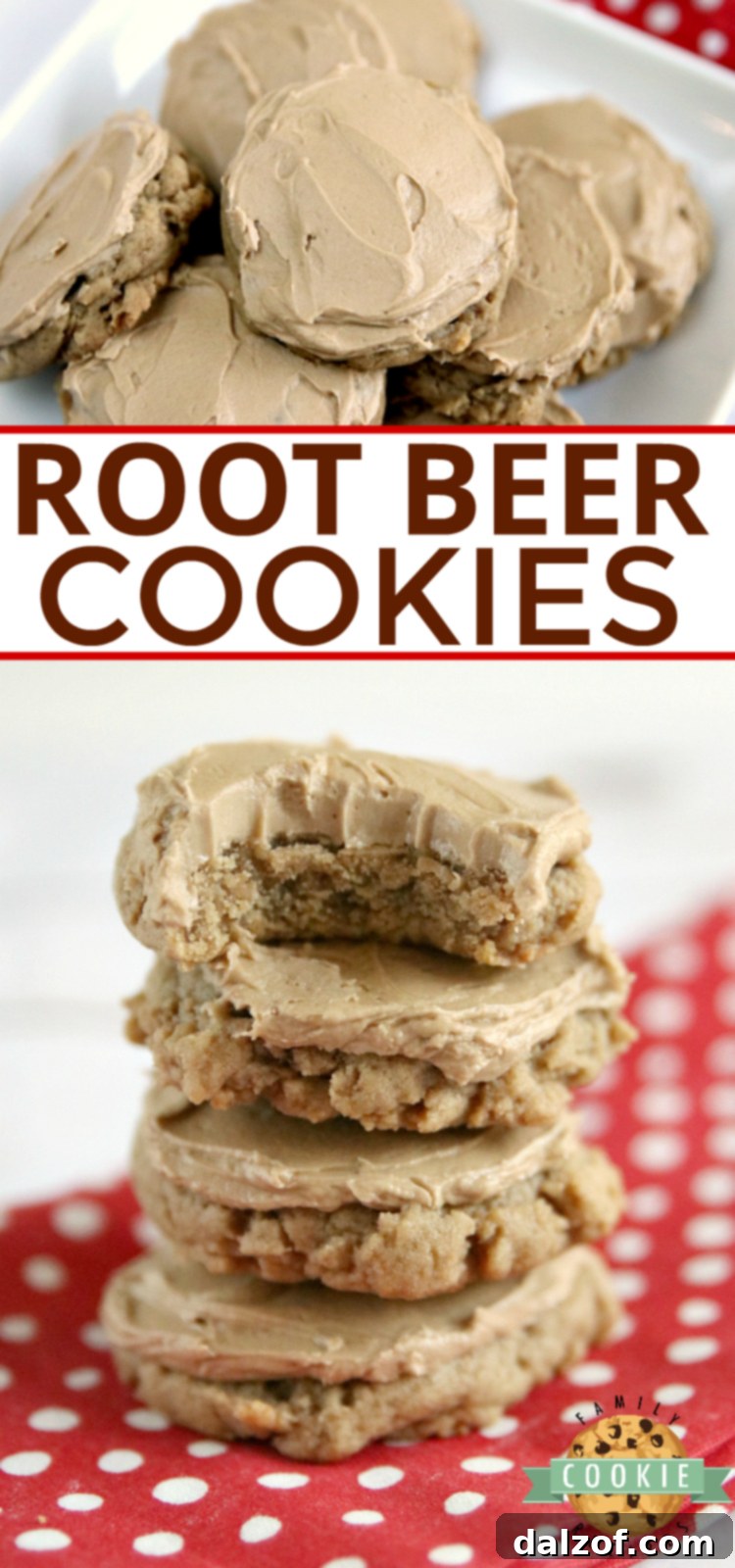 A tall stack of soft and delicious Root Beer Cookies, generously frosted with root beer buttercream, showcasing their irresistible appeal.