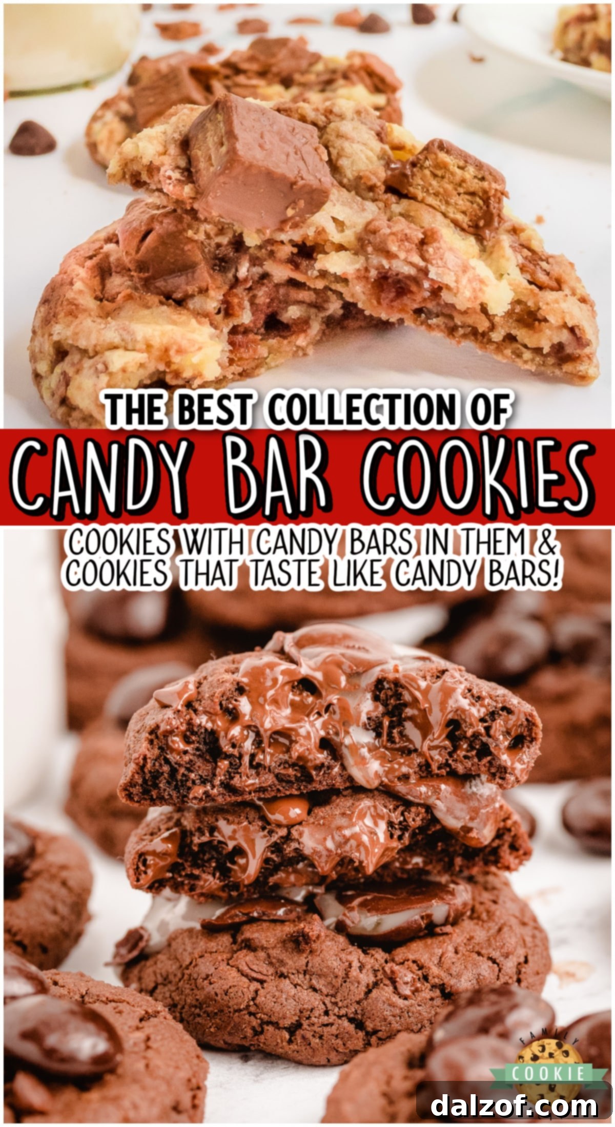 Fun collection of cookies that have candy bars in them or that actually taste like candy bars. Snickers, Kit Kats, Almond Joys...all of your favorites! These candy bar cookies are all absolutely delicious! 