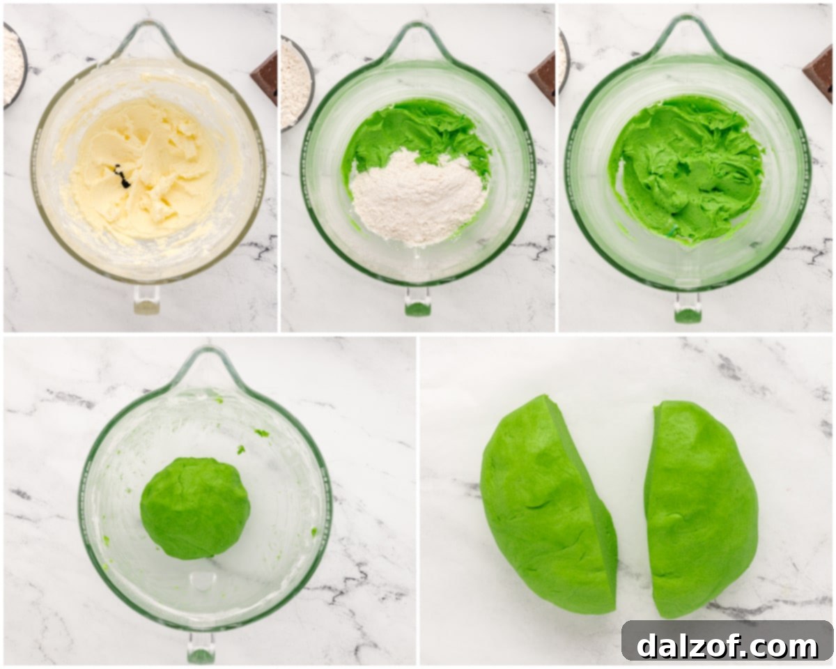 Making green shortbread dough in a stand mixer.