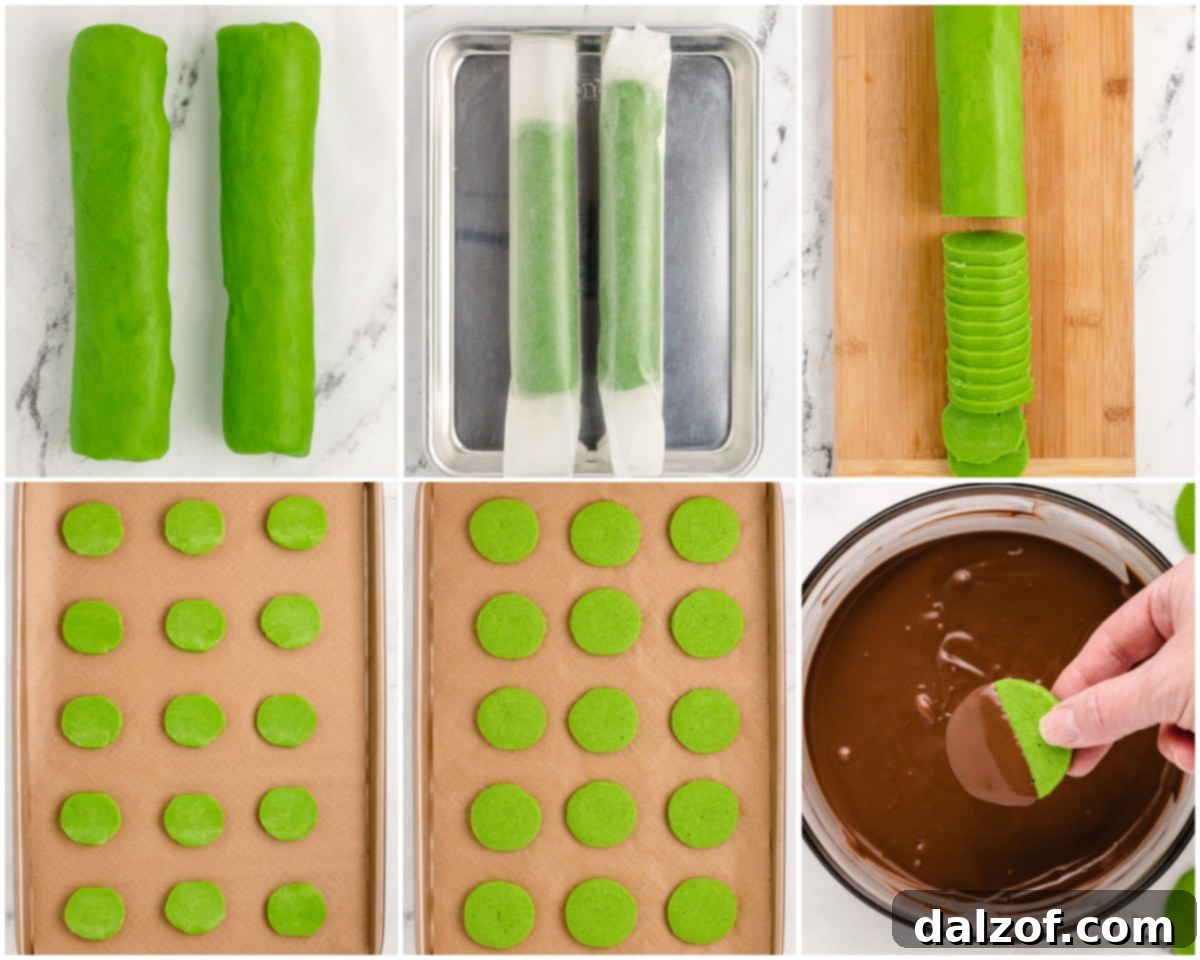How to make green mint cookies that have been dipped in chocolate.
