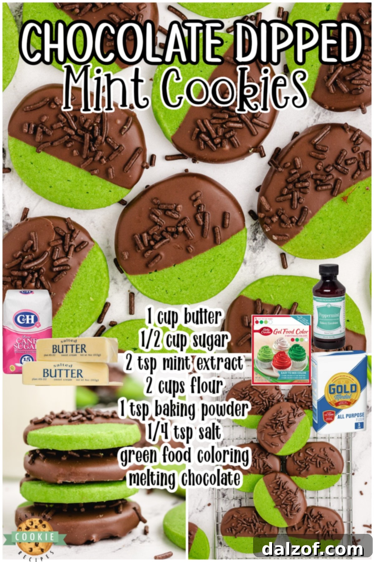Mint Chocolate Cookies made from a buttery shortbread cookie dipped in chocolate and topped with chocolate sprinkles. Green Mint Cookies perfect for St. Patrick's Day!