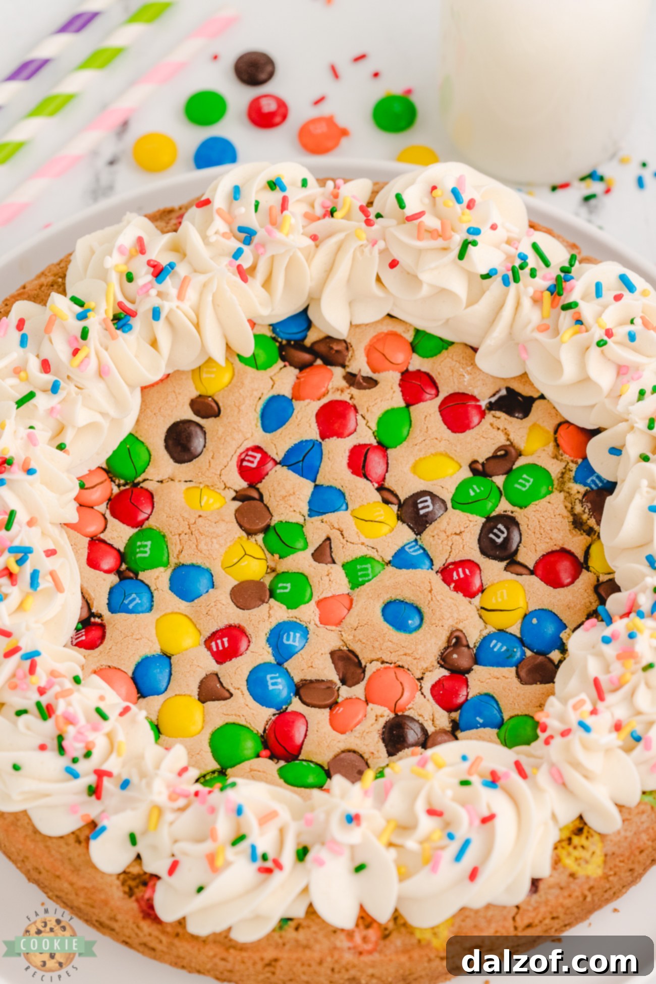 whole birthday cookie cake with frosting and sprinkles