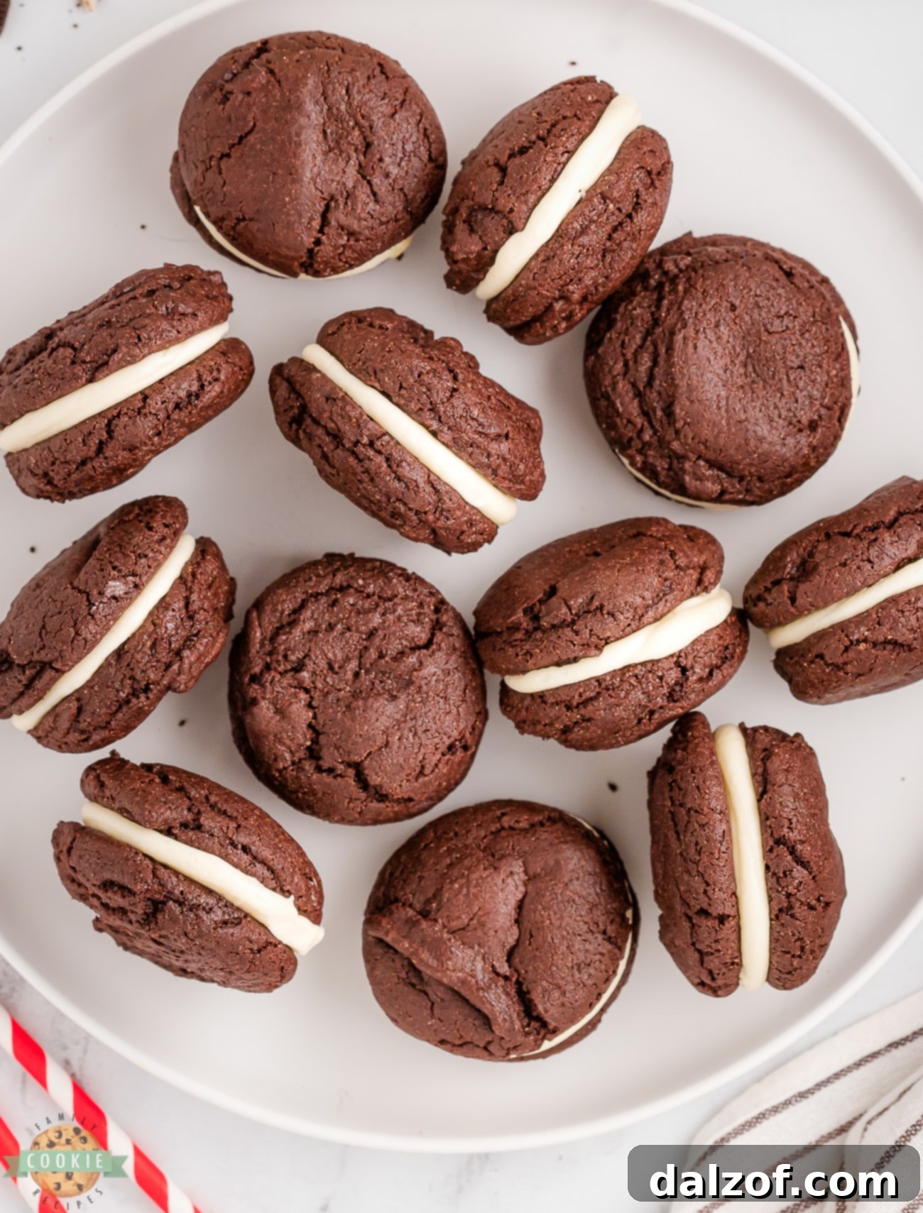 Beautifully arranged homemade Oreo cookies on a white plate, ready to be enjoyed