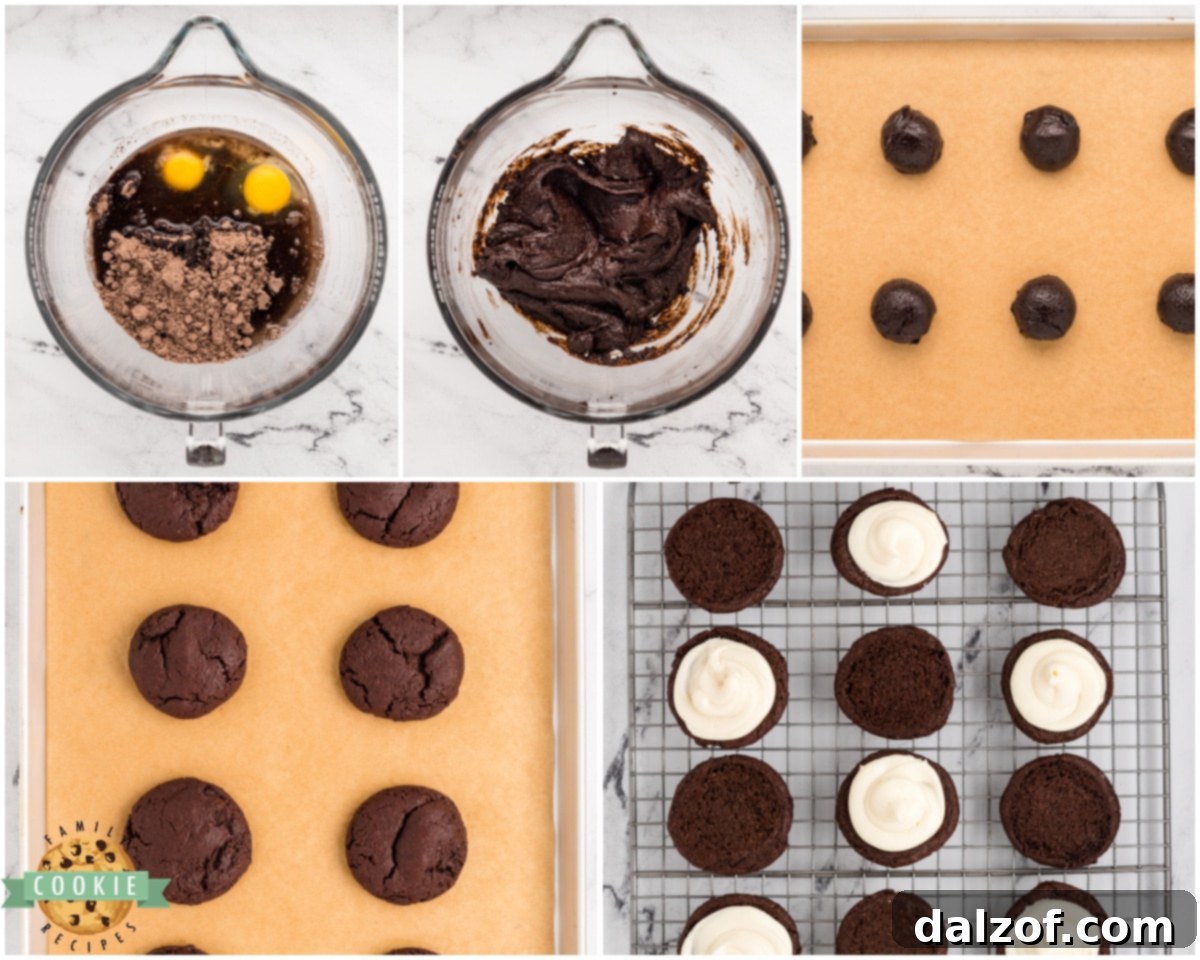 Step-by-step image collage illustrating how to make homemade Oreo cookies using a cake mix