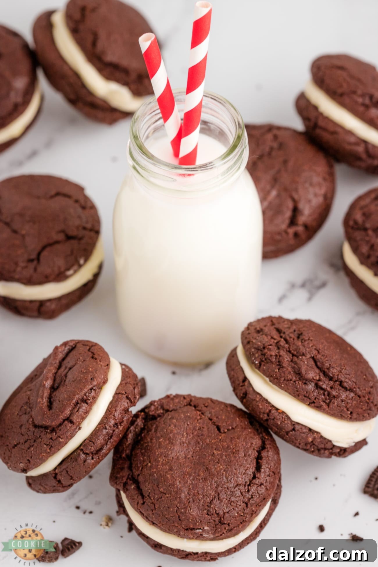 Homemade Oreo cookies served with a glass of milk, a classic and comforting pairing