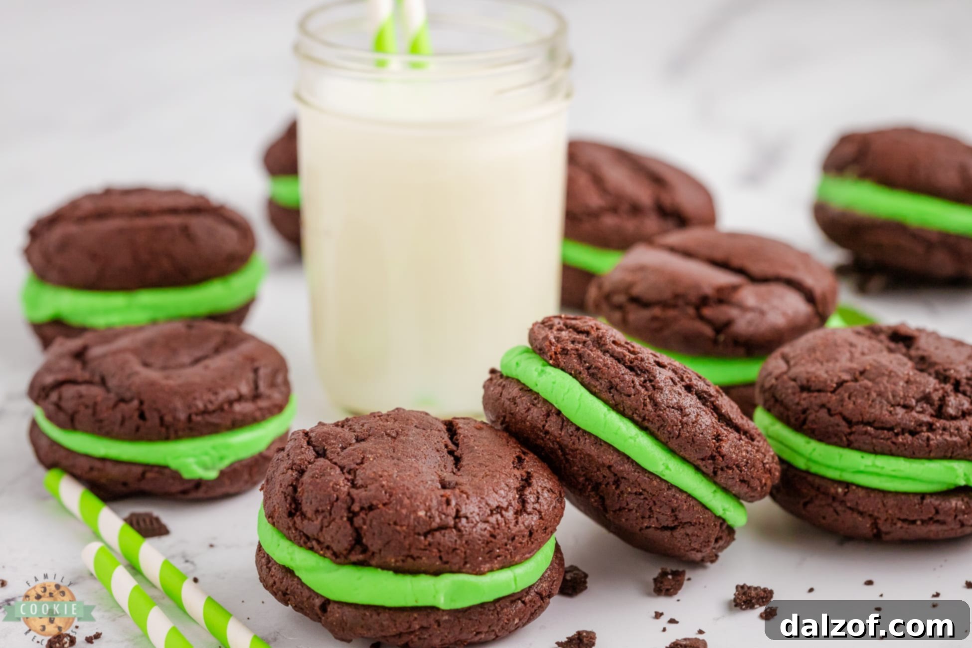 Delicious homemade mint oreo cookies made from a chocolate cake mix, stacked high on a plate