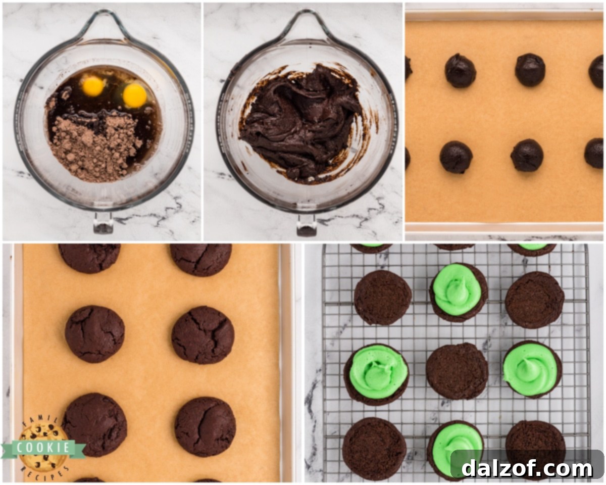 Step-by-step guide on how to make homemade mint oreo cookies with chocolate cake mix dough and green frosting