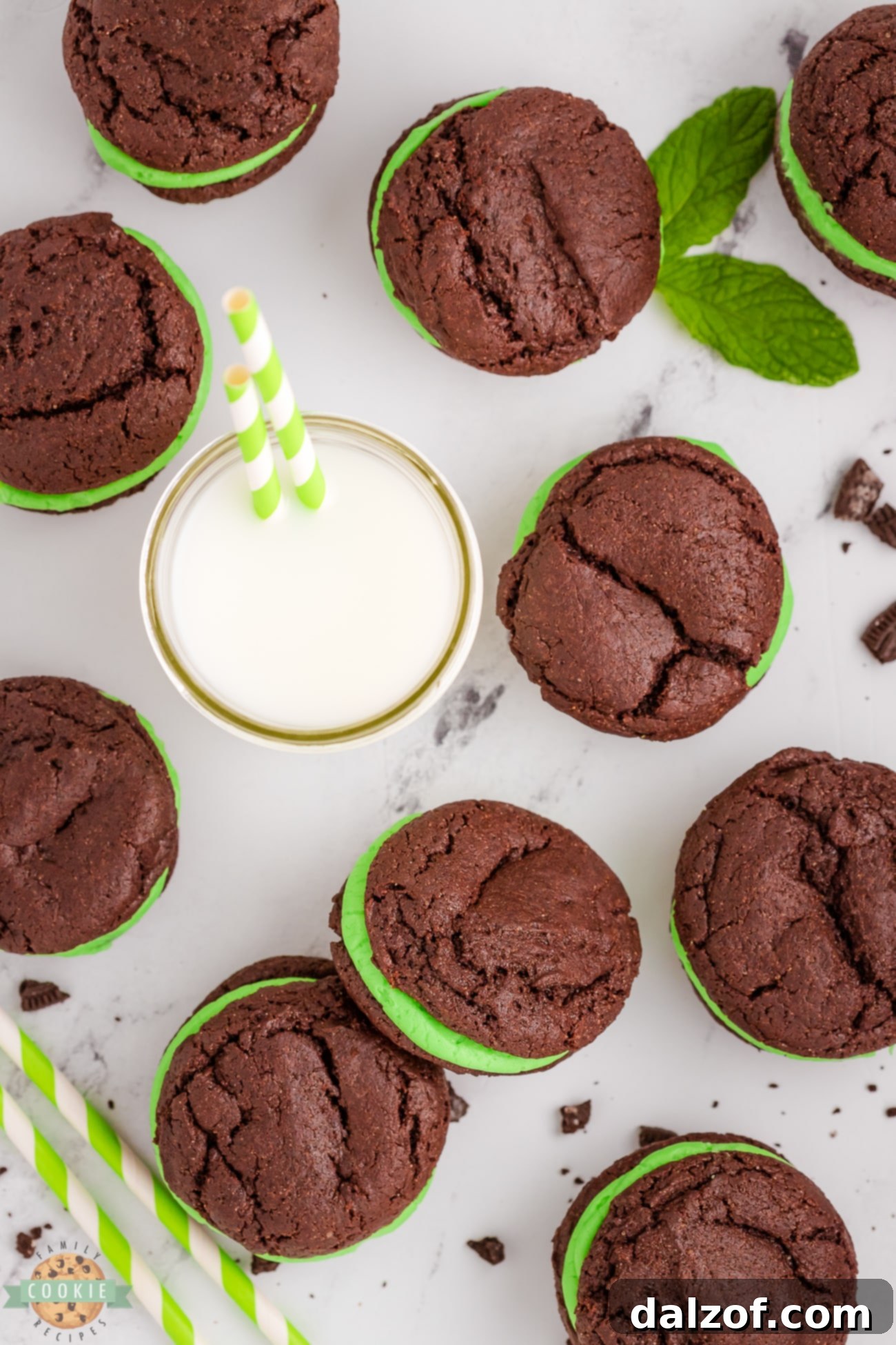 Homemade mint oreo cookies served with a glass of milk