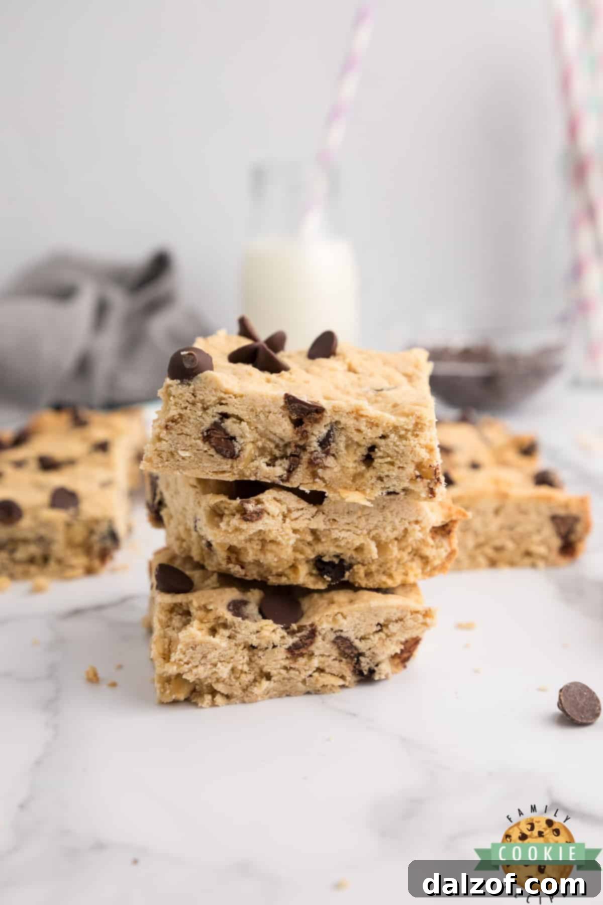 Close-up of freshly baked Oatmeal Chocolate Chip Bars with melted chocolate chips