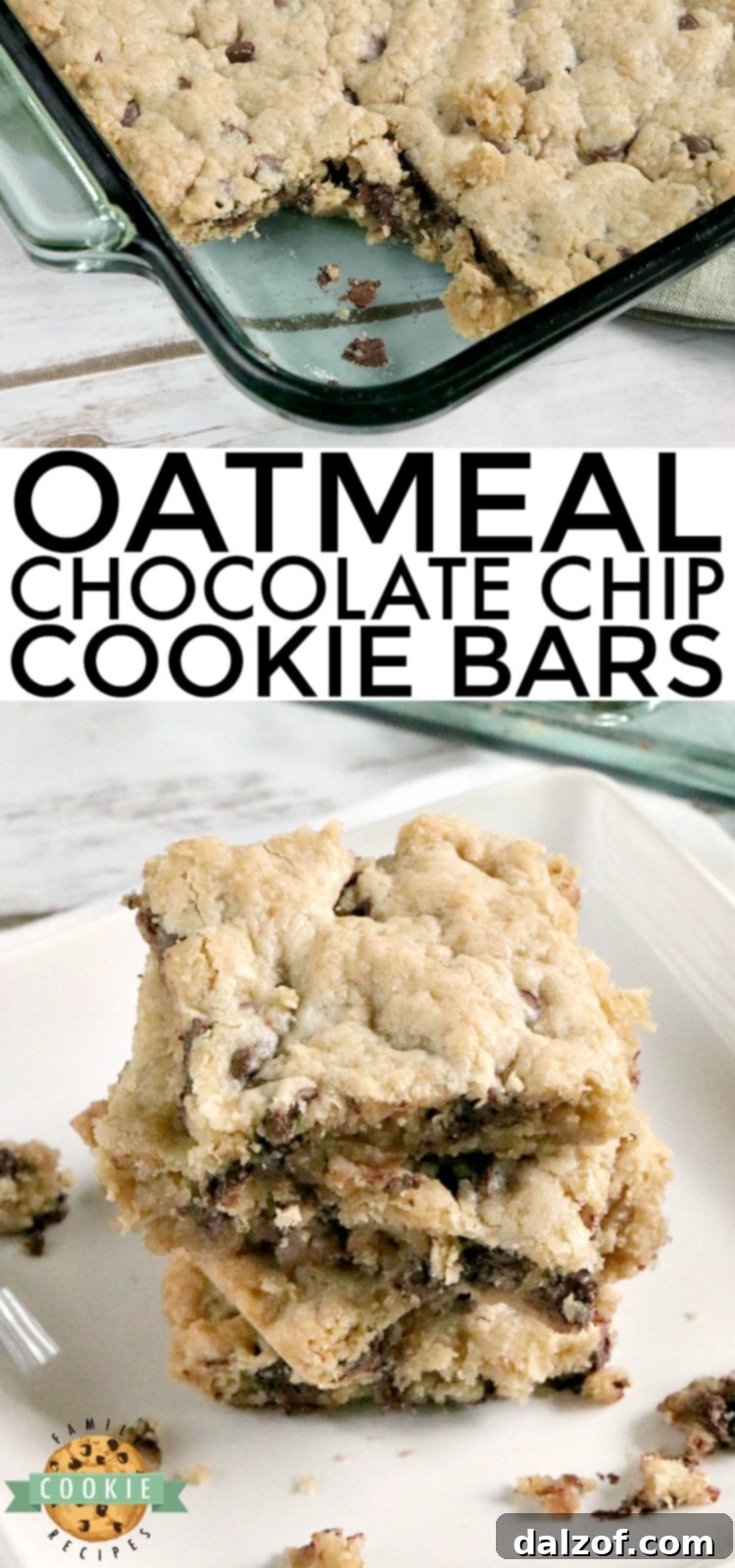 Oatmeal Chocolate Chip Cookie Bars are soft, chewy and easy to make when you don't have time to scoop individual cookies! This delicious cookie bar recipe is filled with oats and chocolate chips and comes together in just a few minutes.