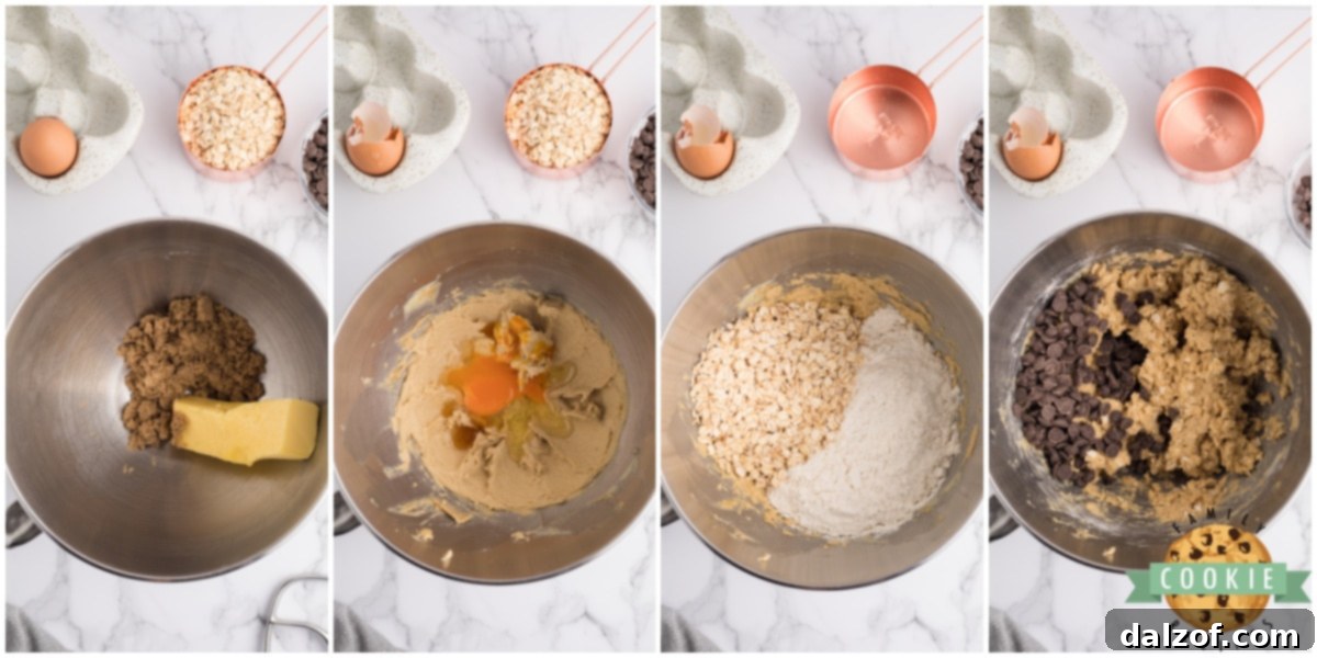 Close up of chocolate chips being stirred into oatmeal cookie dough