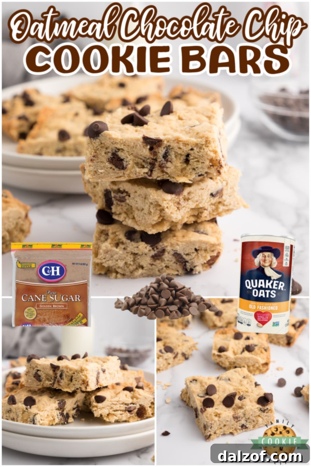 Oatmeal Chocolate Chip Cookie Bars collage with various images of the delicious baked goods.