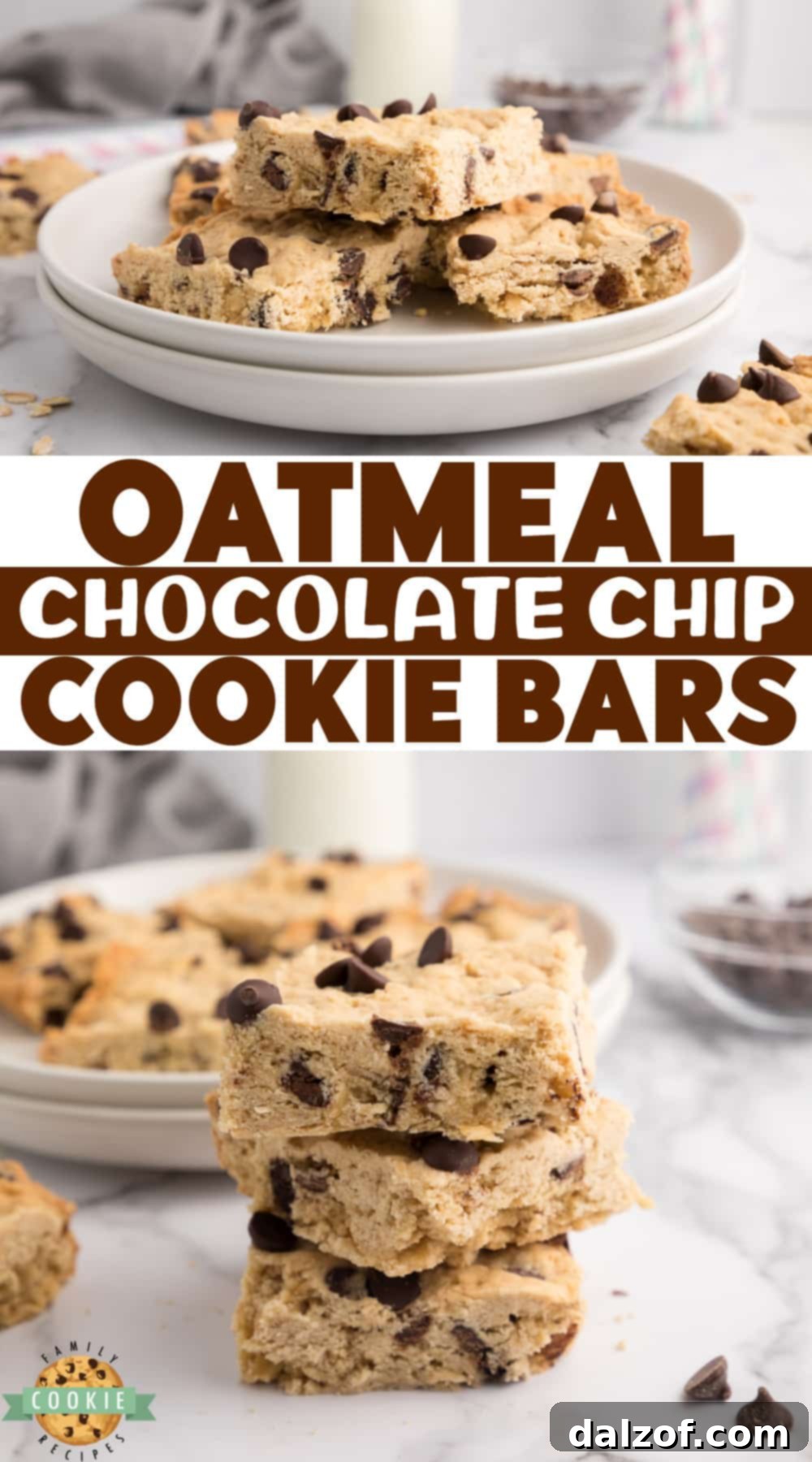 A plate of freshly baked and sliced Oatmeal Chocolate Chip Bars