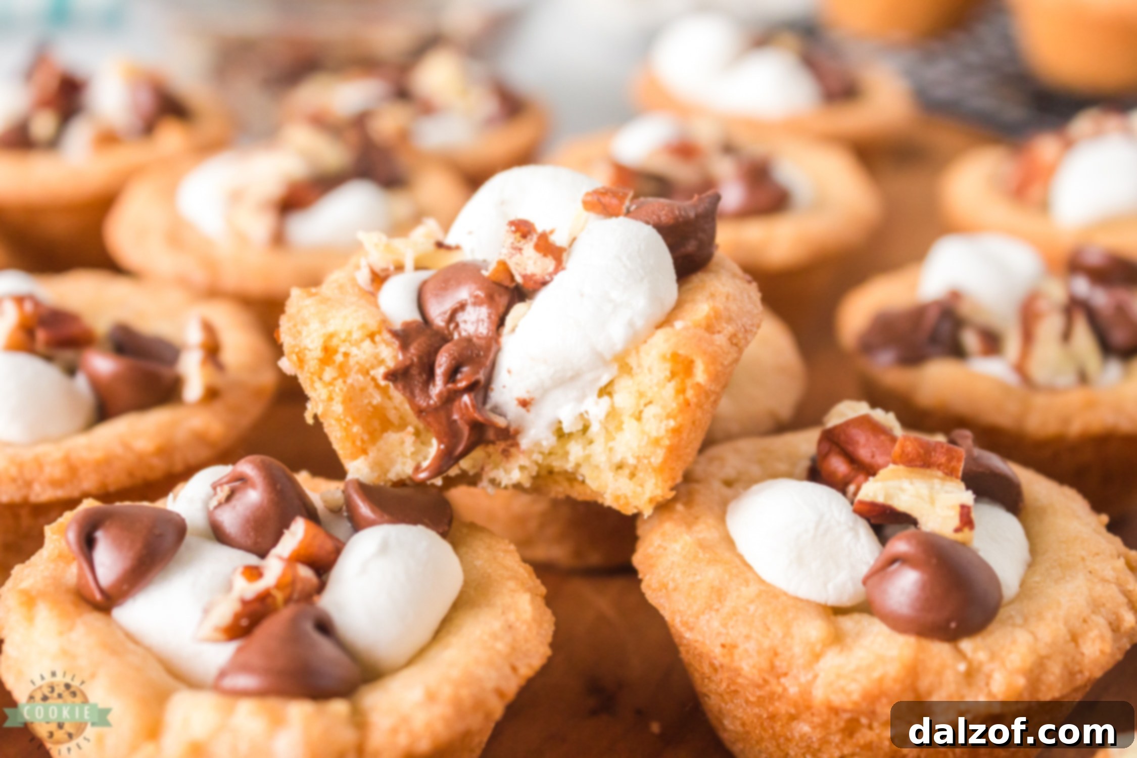 Delicious Rocky Road Cookie Cups featuring melted chocolate, fluffy marshmallows, and crisp nuts in a mini cookie form.