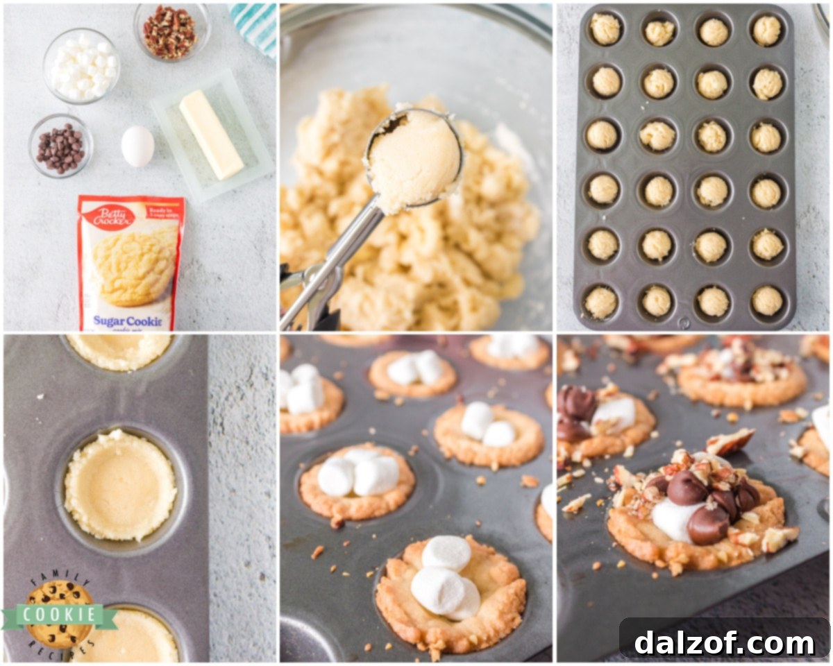 Ingredients and process shot of how to make Rocky Road Cookie Cups, showing cookie dough and toppings.