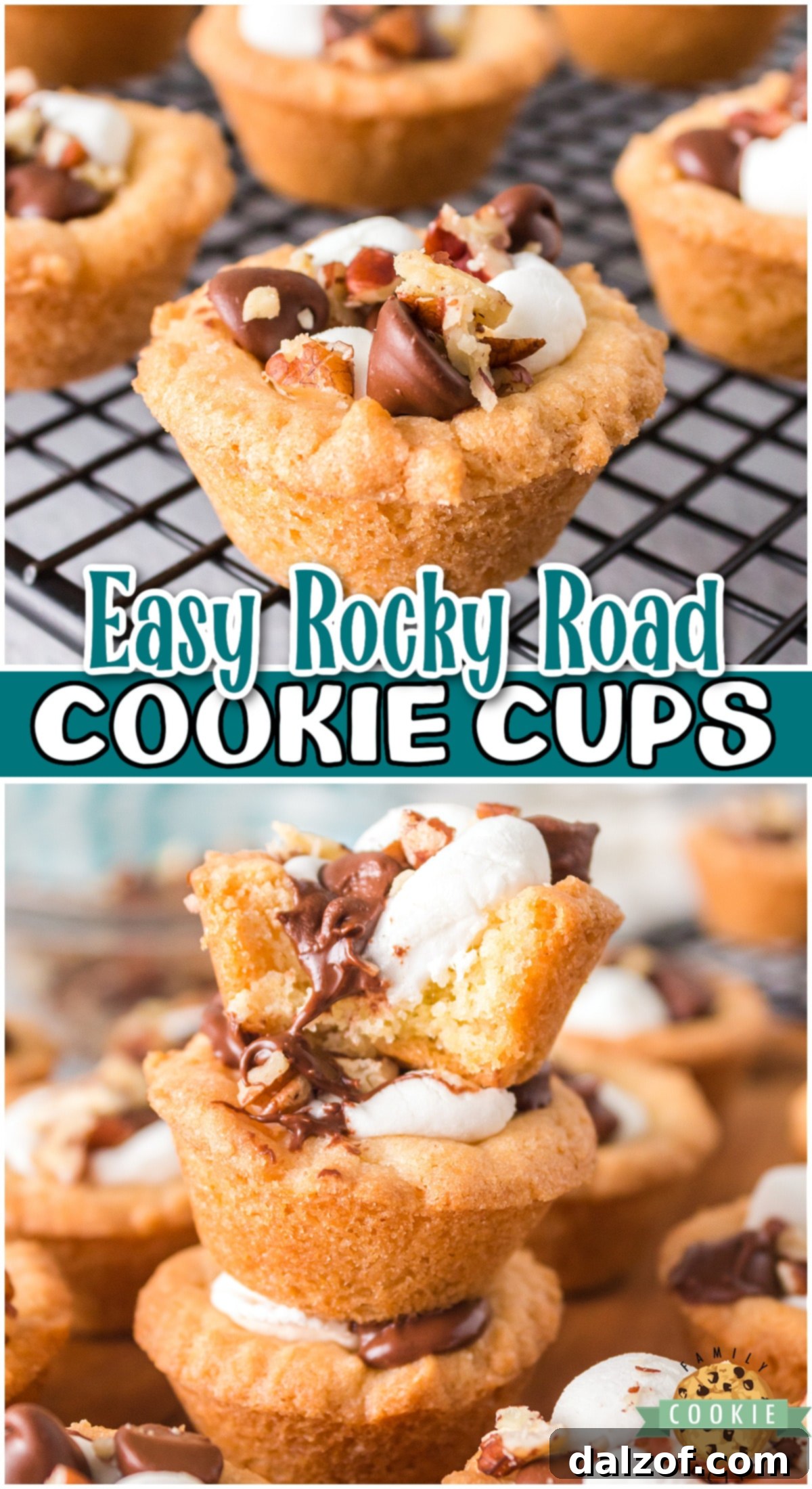 Rocky Road Cookie Cups made with a sugar cookie mix and topped with marshmallows, chocolate chips and pecans! Delightful rocky road dessert in cookie form for bite-sized fun!