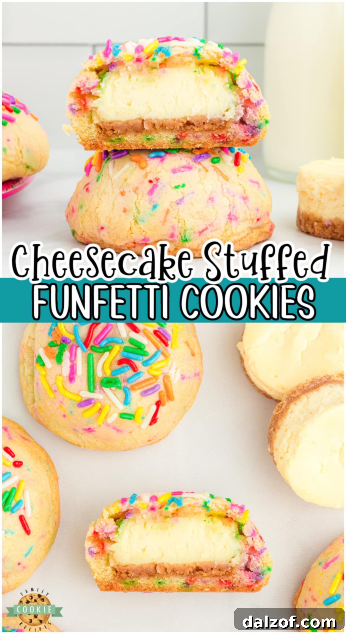 Cheesecake Stuffed Funfetti Cookies are two epic desserts in one: creamy cheesecake stuffed in soft, sweet cookie dough with sprinkles!