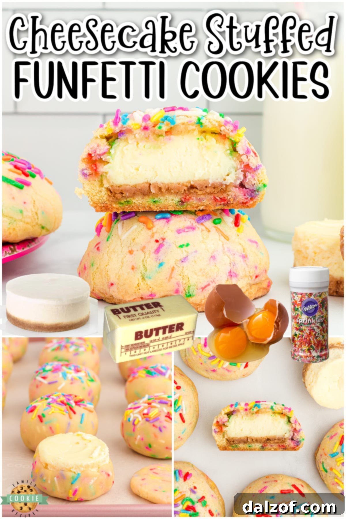 Cheesecake Stuffed Funfetti Cookies are two epic desserts in one: creamy cheesecake stuffed in soft, sweet cookie dough with sprinkles!