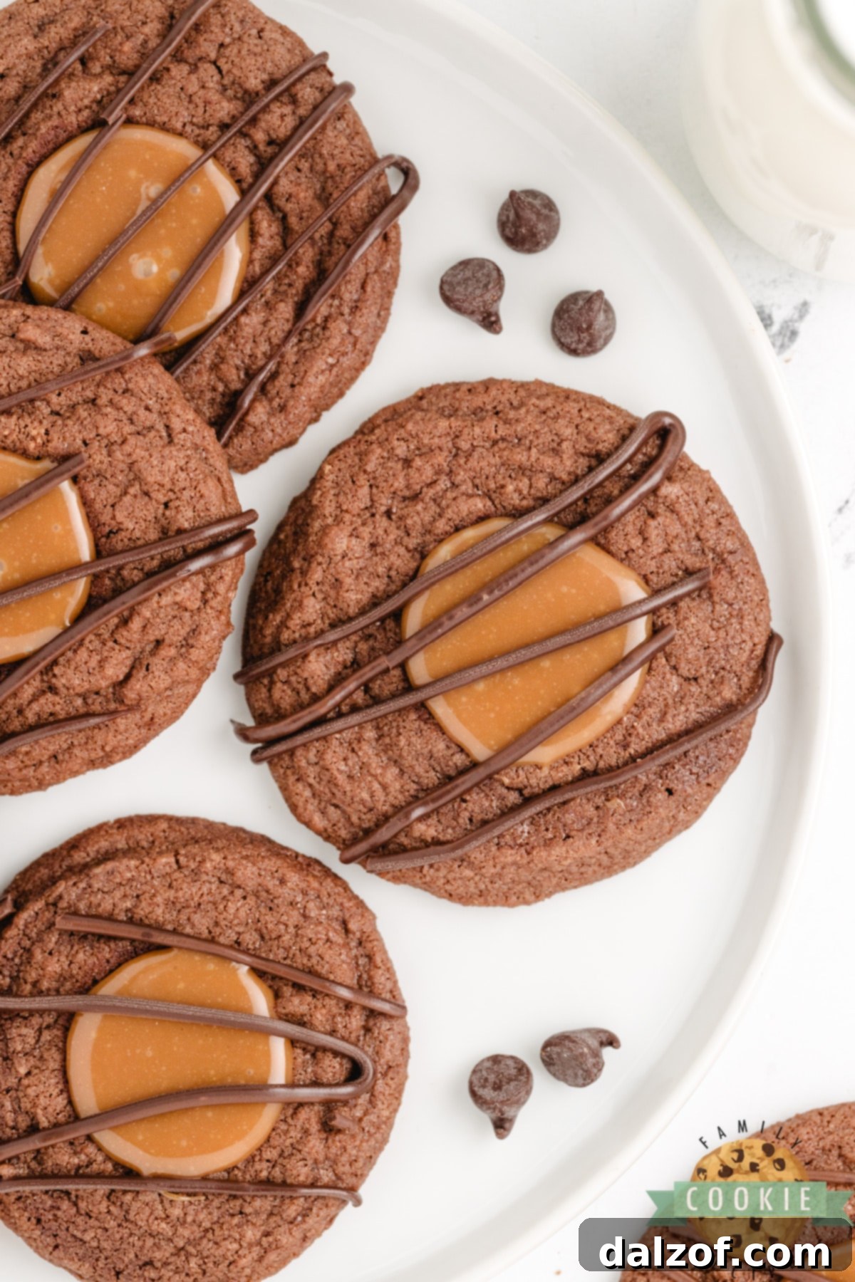 Perfectly baked chocolate thumbprint cookies with luscious caramel filling