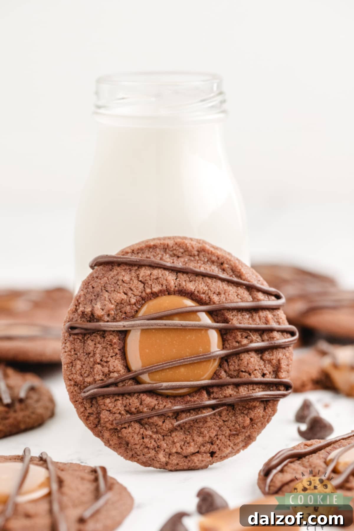 Close-up of a single chocolate caramel cookie, showcasing its delicious texture