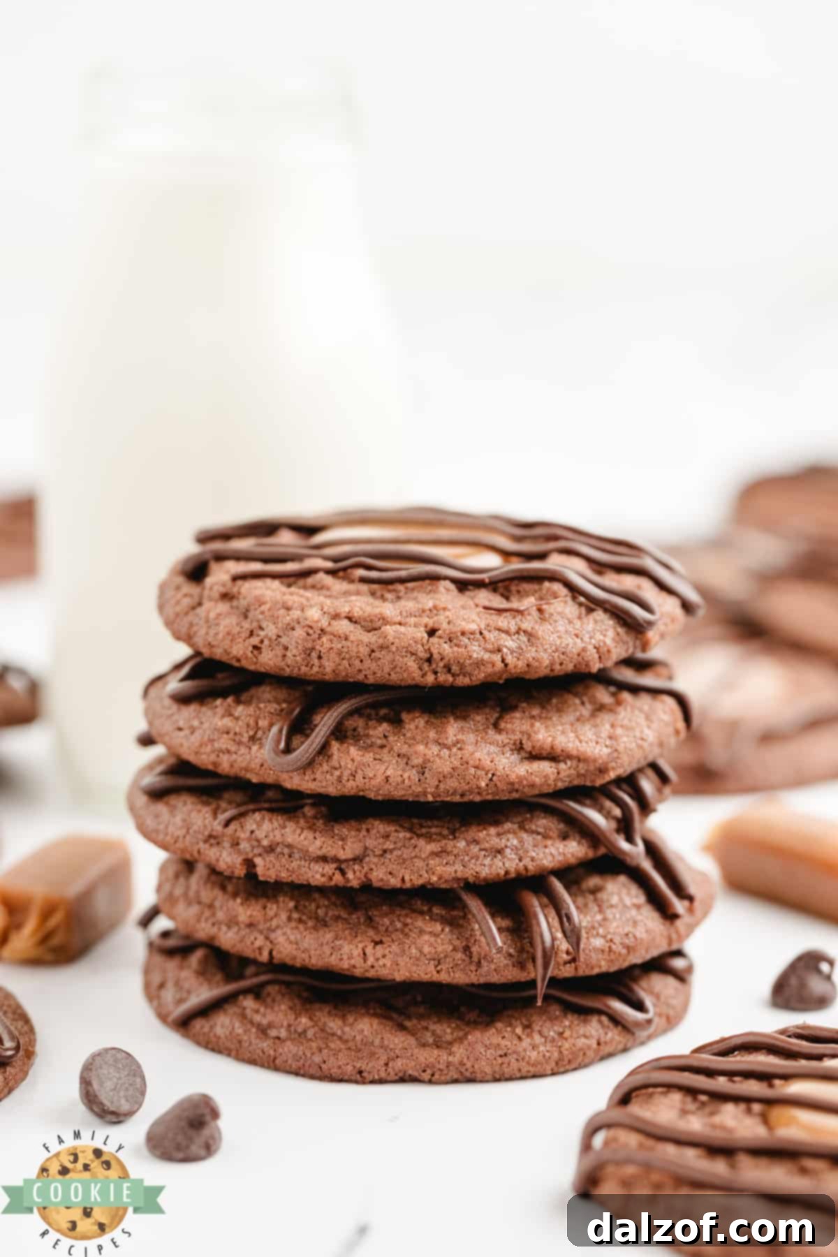A delectable stack of Caramel Brownie Thumbprint Cookies ready to be enjoyed