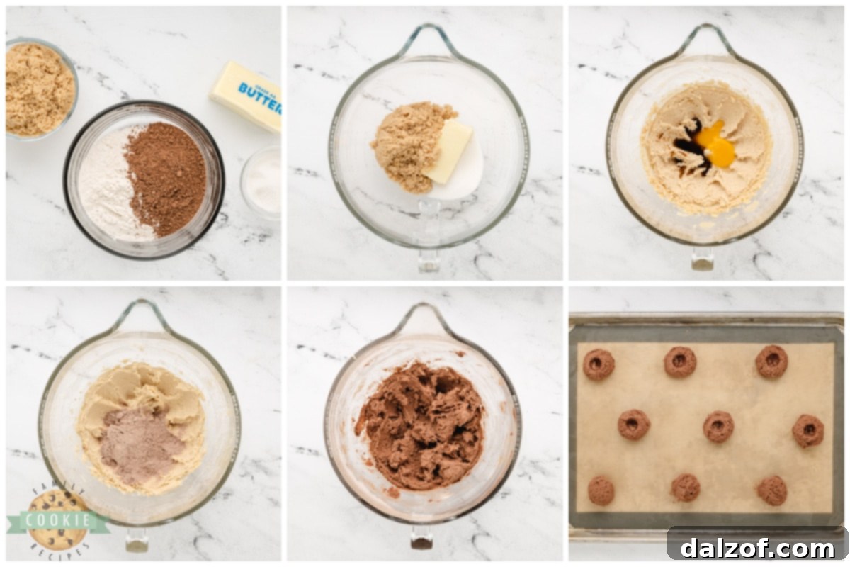 Preparing the chocolate cookie dough for thumbprint cookies