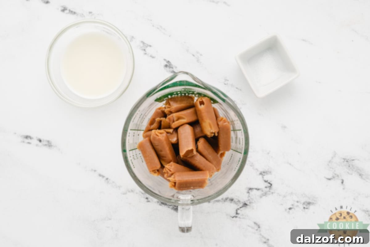 Melting soft caramels in the microwave for the cookie filling