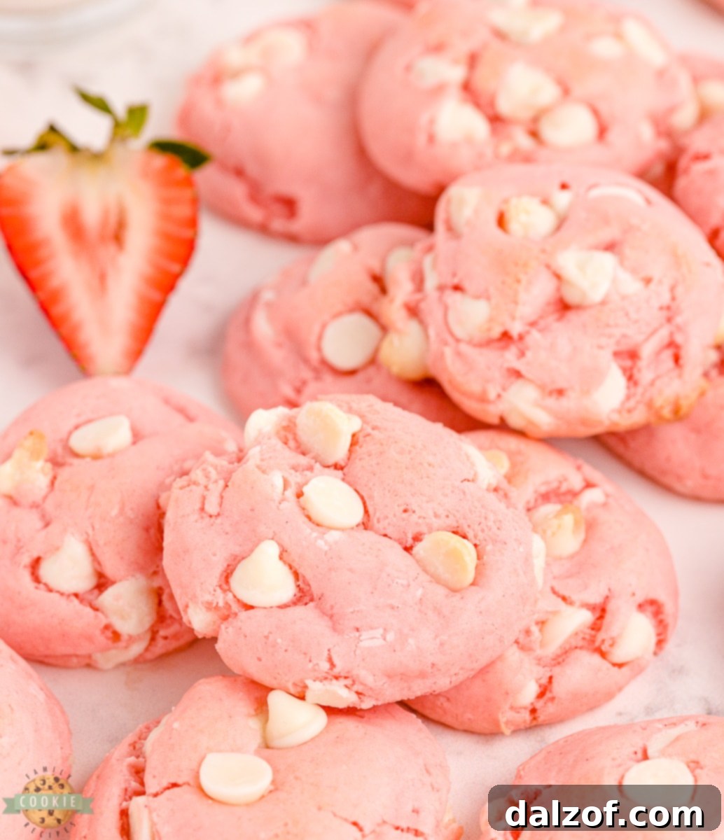 Soft and chewy White Chocolate Strawberry Cake Mix Cookies, made with only 4 ingredients.
