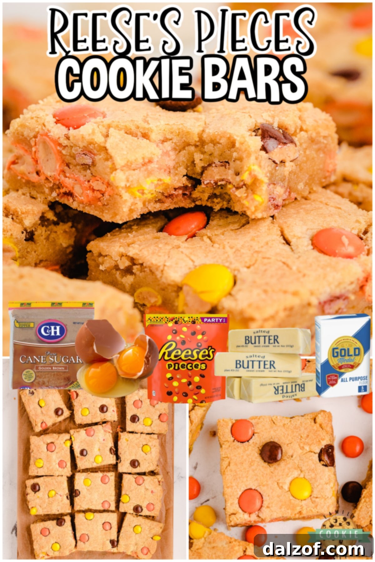 These easy Reese's Cookie Bars are made with Reese's Pieces in a simple cookie dough recipe! Sweet and delightful cookie bars loaded with Reese's candies.