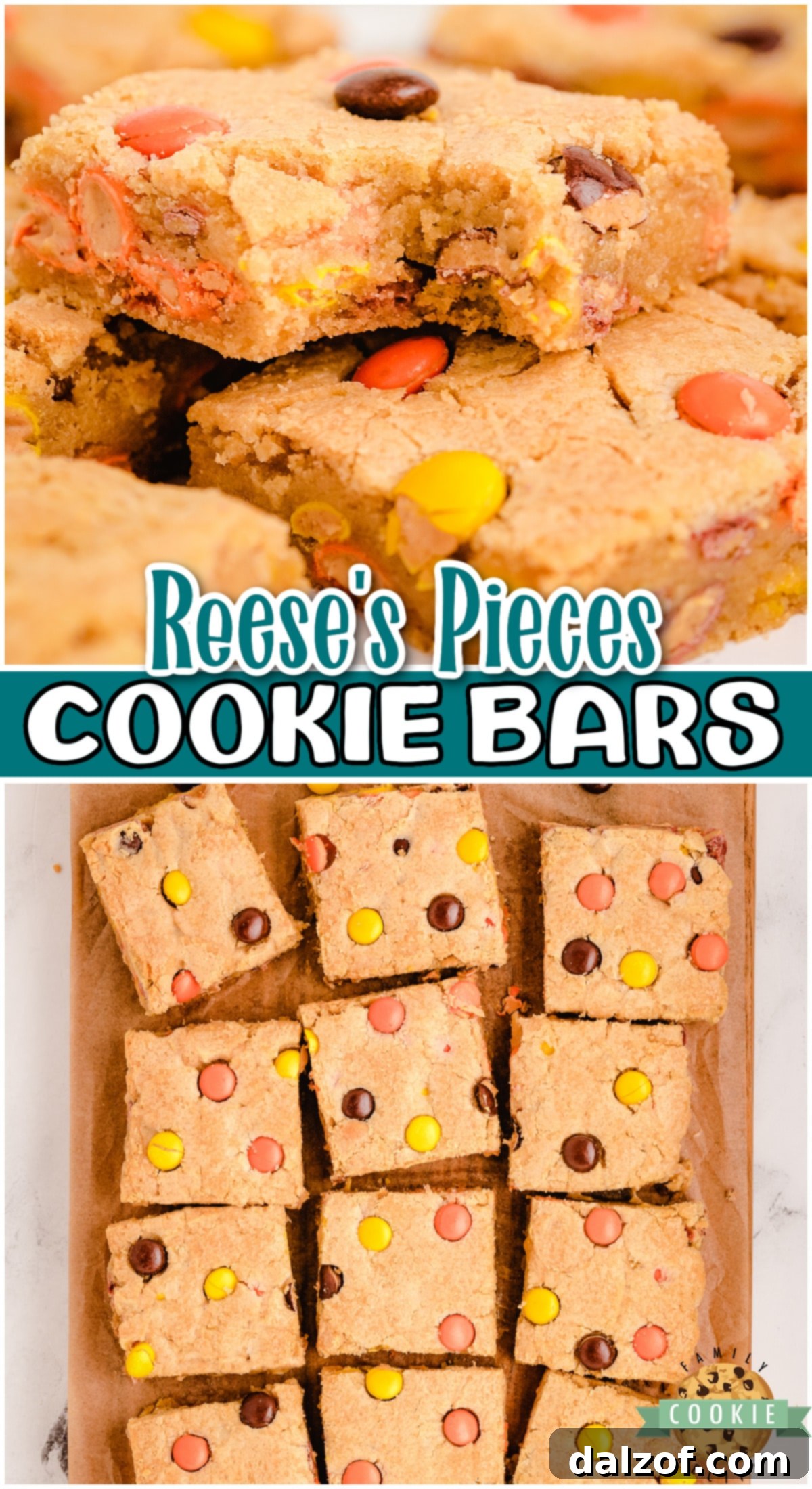 These easy Reese's Cookie Bars are made with Reese's Pieces in a simple cookie dough recipe! Sweet and delightful cookie bars loaded with Reese's candies.