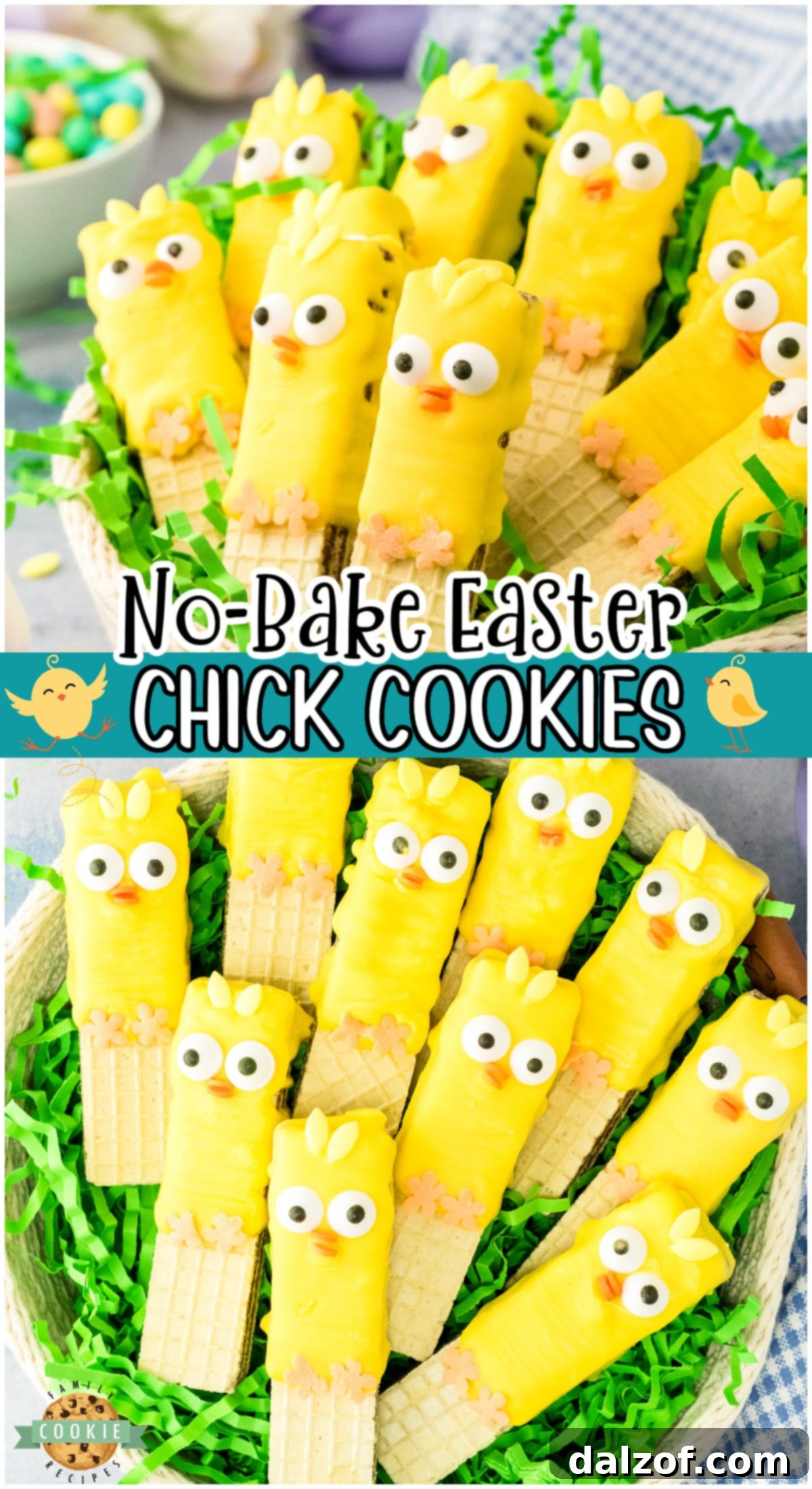 Easy No-Bake Easter Chick Cookies made with wafer cookies dipped in candy coating & decorated to look like darling baby chicks! Simple, quick & fun Easter cookie recipe that's done in under an hour!